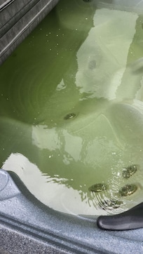 Pictures of the hot tub water that was absolutely disgusting. You can see the green and the floating white chunks.