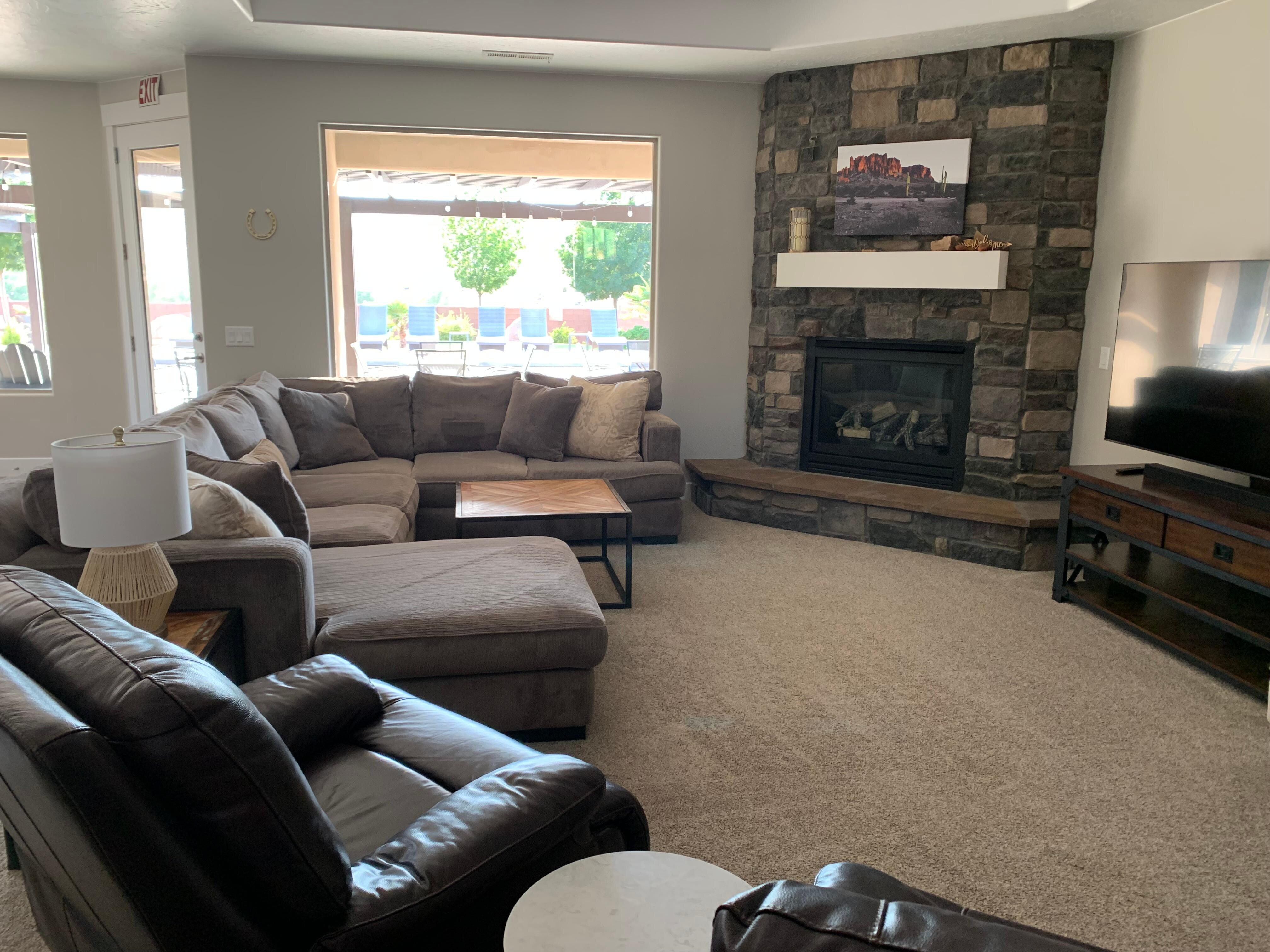 Living room that looks out to the pool