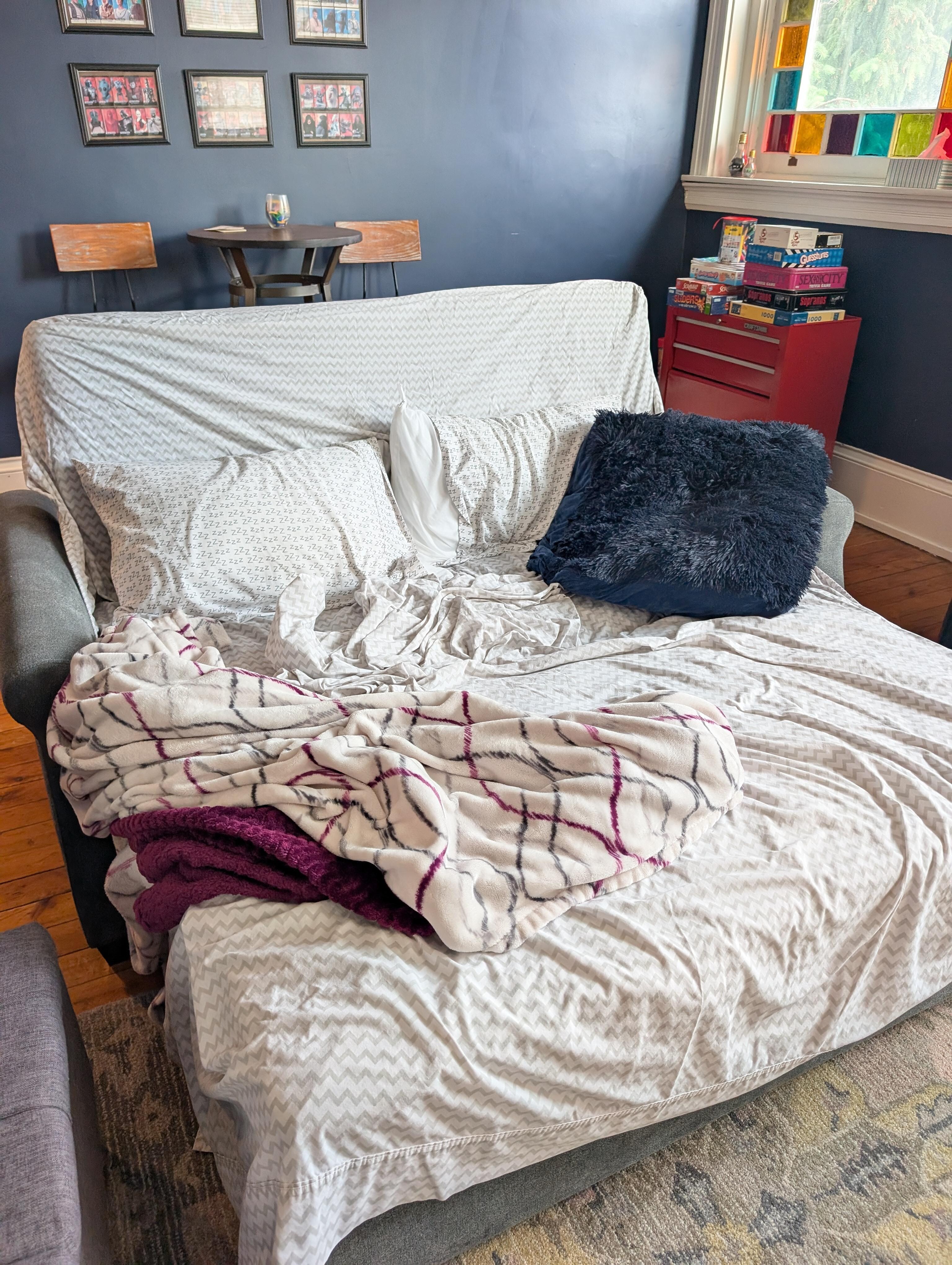 My daughter said the sleeper sofa was super comfy! The back also lays flat but she wanted it upright. 