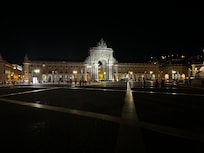 The plaza at the other end of the street from the apartment.