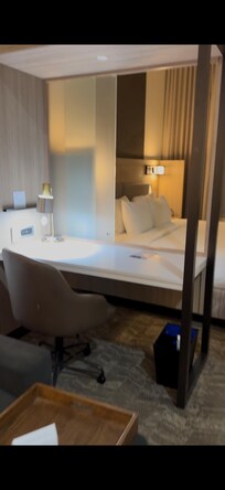 Suite room has a desk, with ample space if you’re working during travel. Loved the layout. Included a sofa bed, and 2 TV monitors.