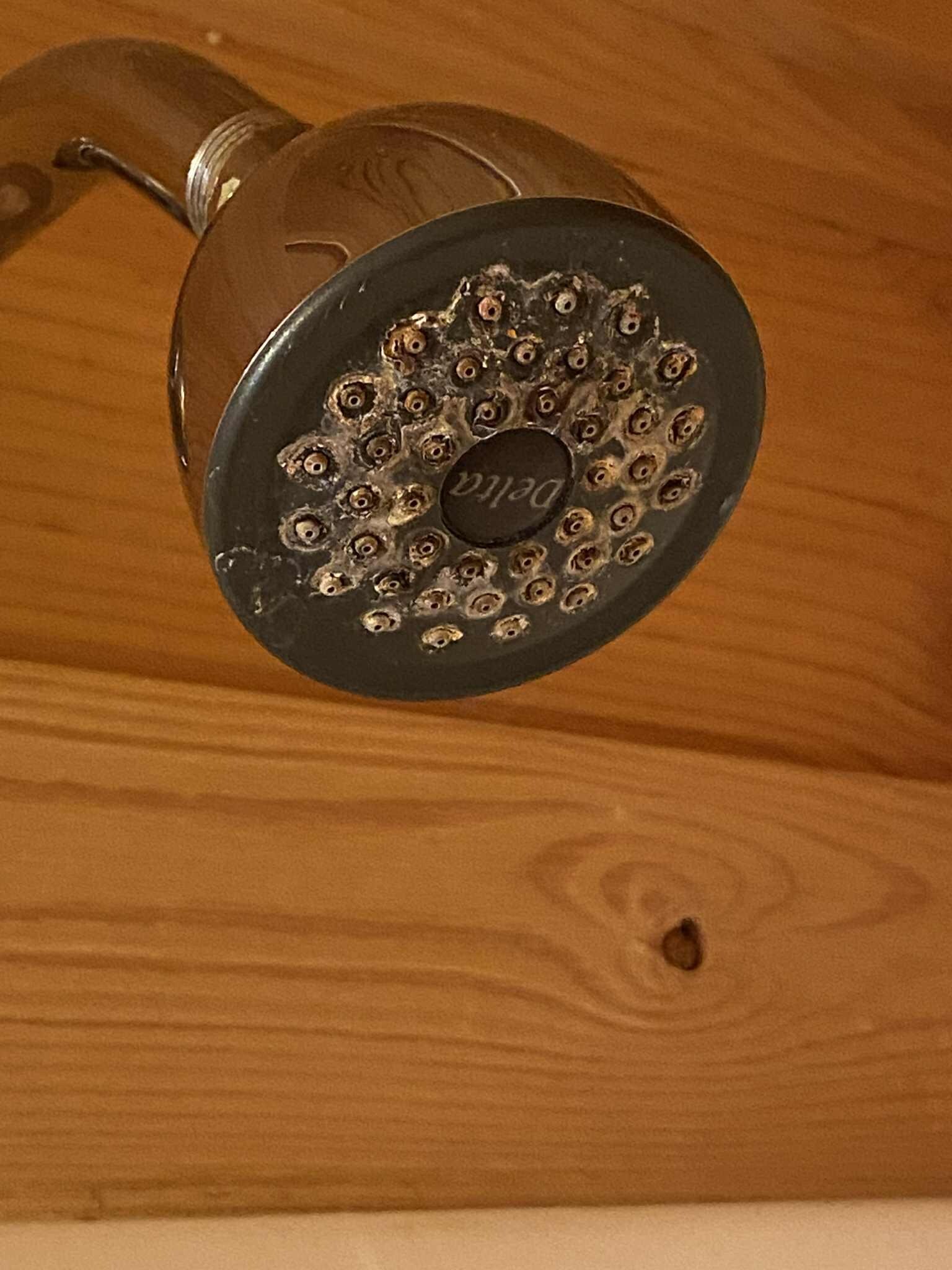 Shower nozzle in main bathroom with tub about to fall through the floor.