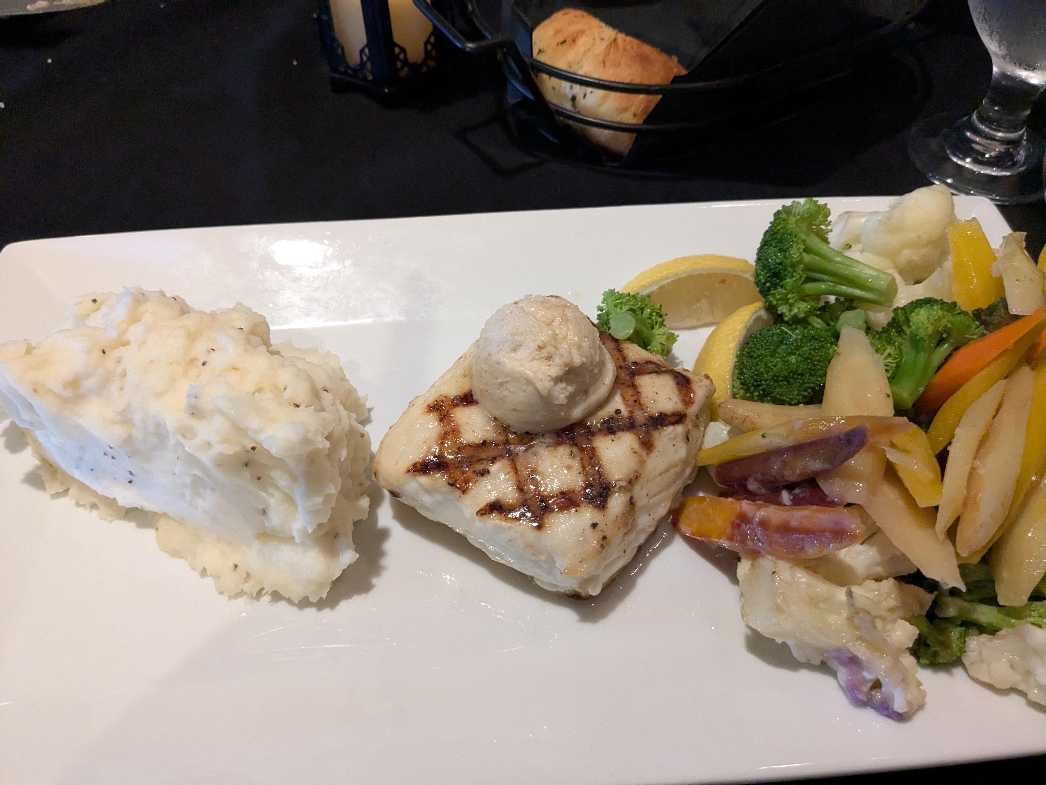 Grilled halibut at the hotel restaurant. 😋