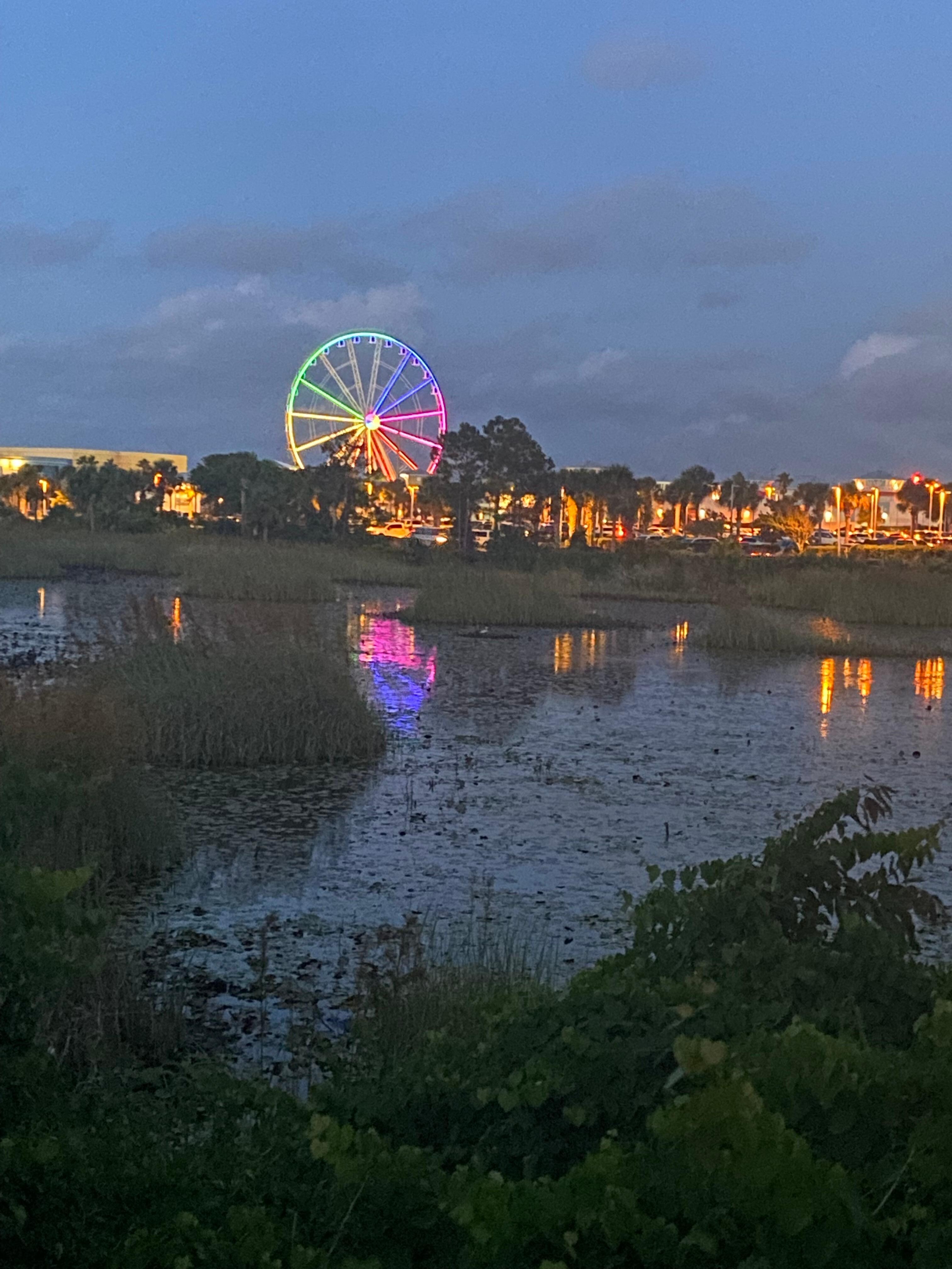 This is the view at night by the pool. 