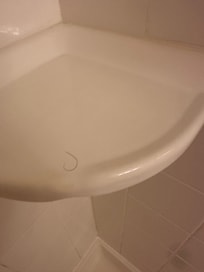 A hair on the soap holder in the shower.