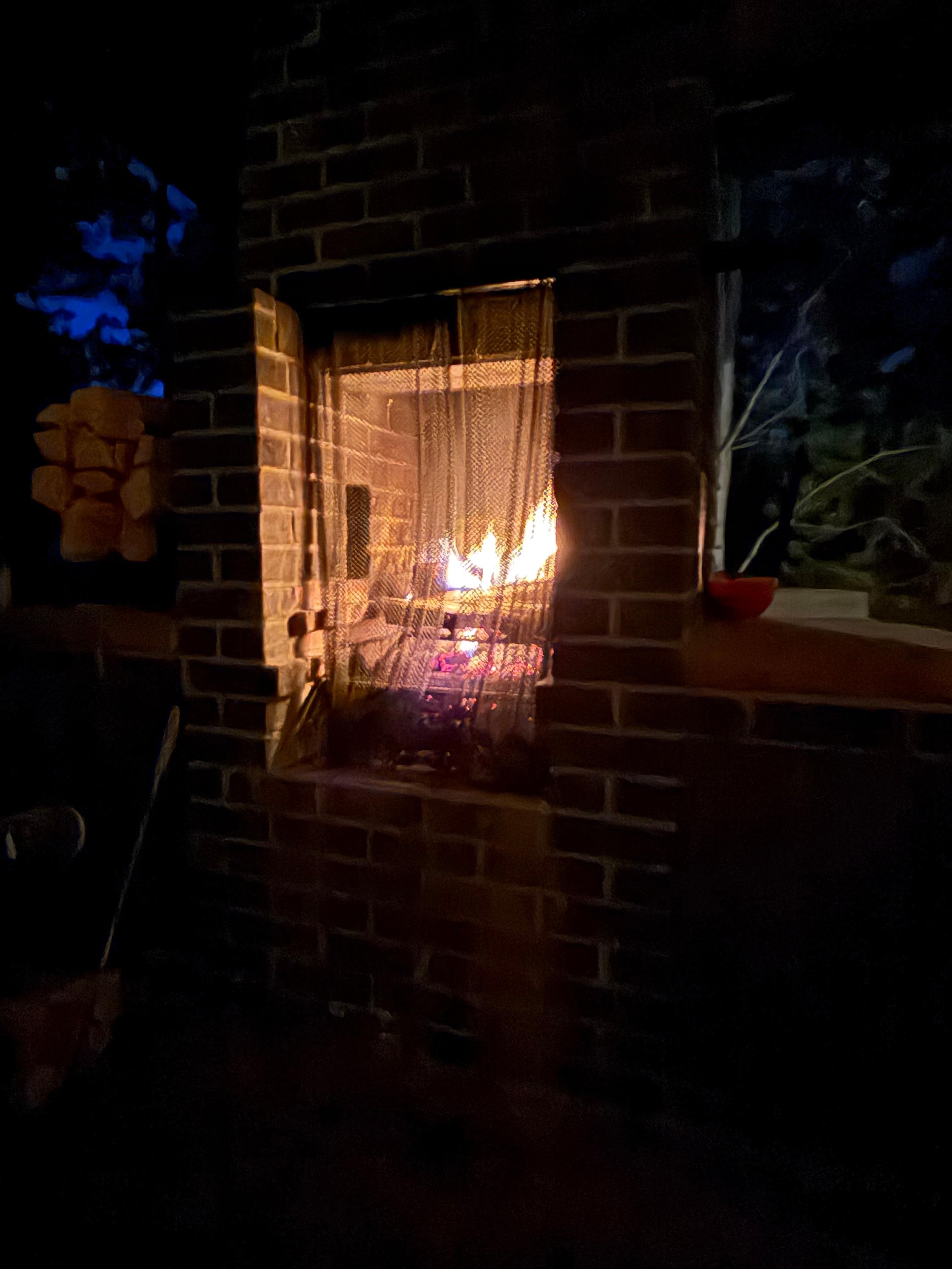 Fireplace in the covered patio. 