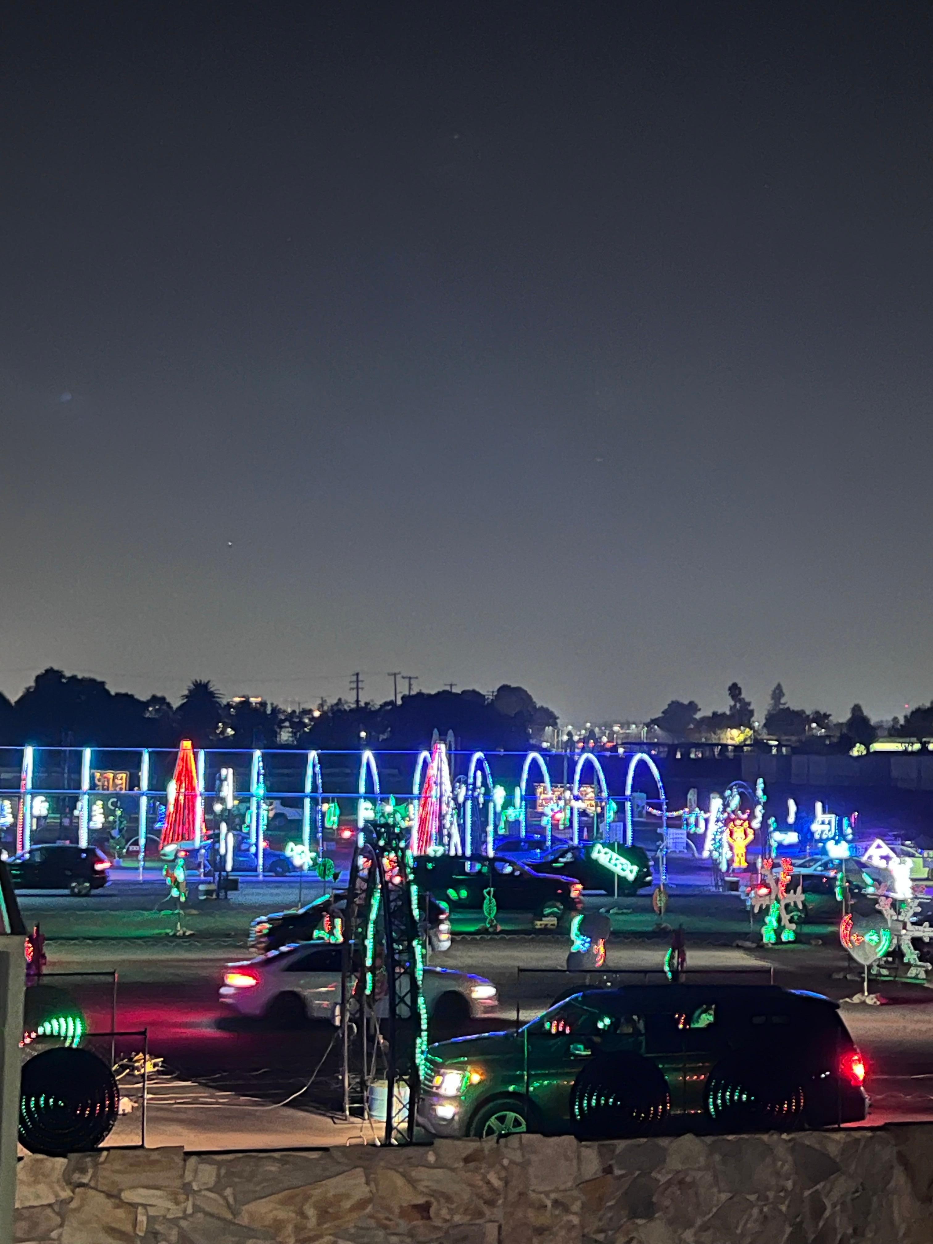 View from the balcony I overlooking pool and Christmas lights at the fairgrounds. 
