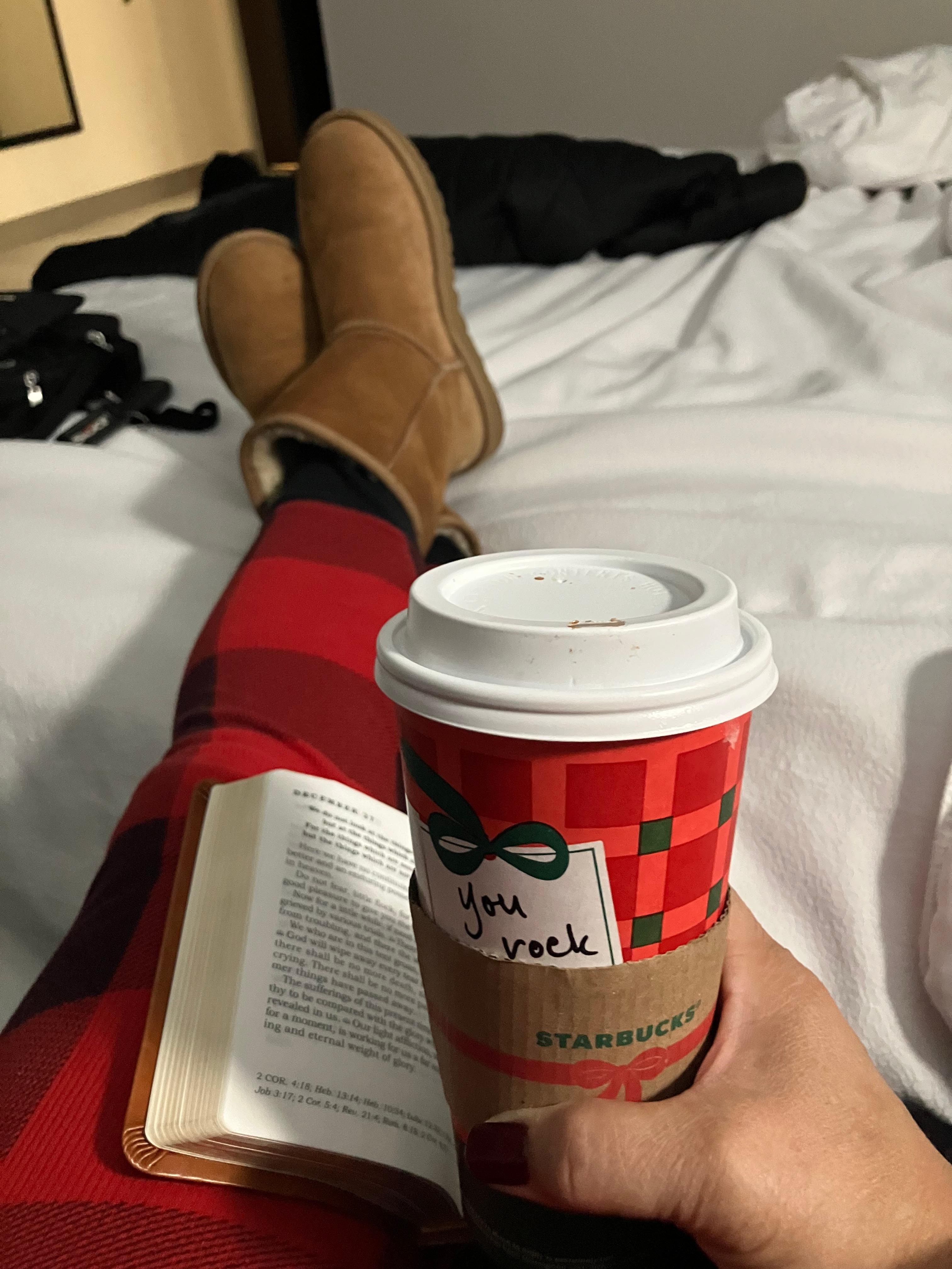 Morning devotions and Starbucks on the bed. The 1 downside? Nearest Starbucks is 2.1miles away : (