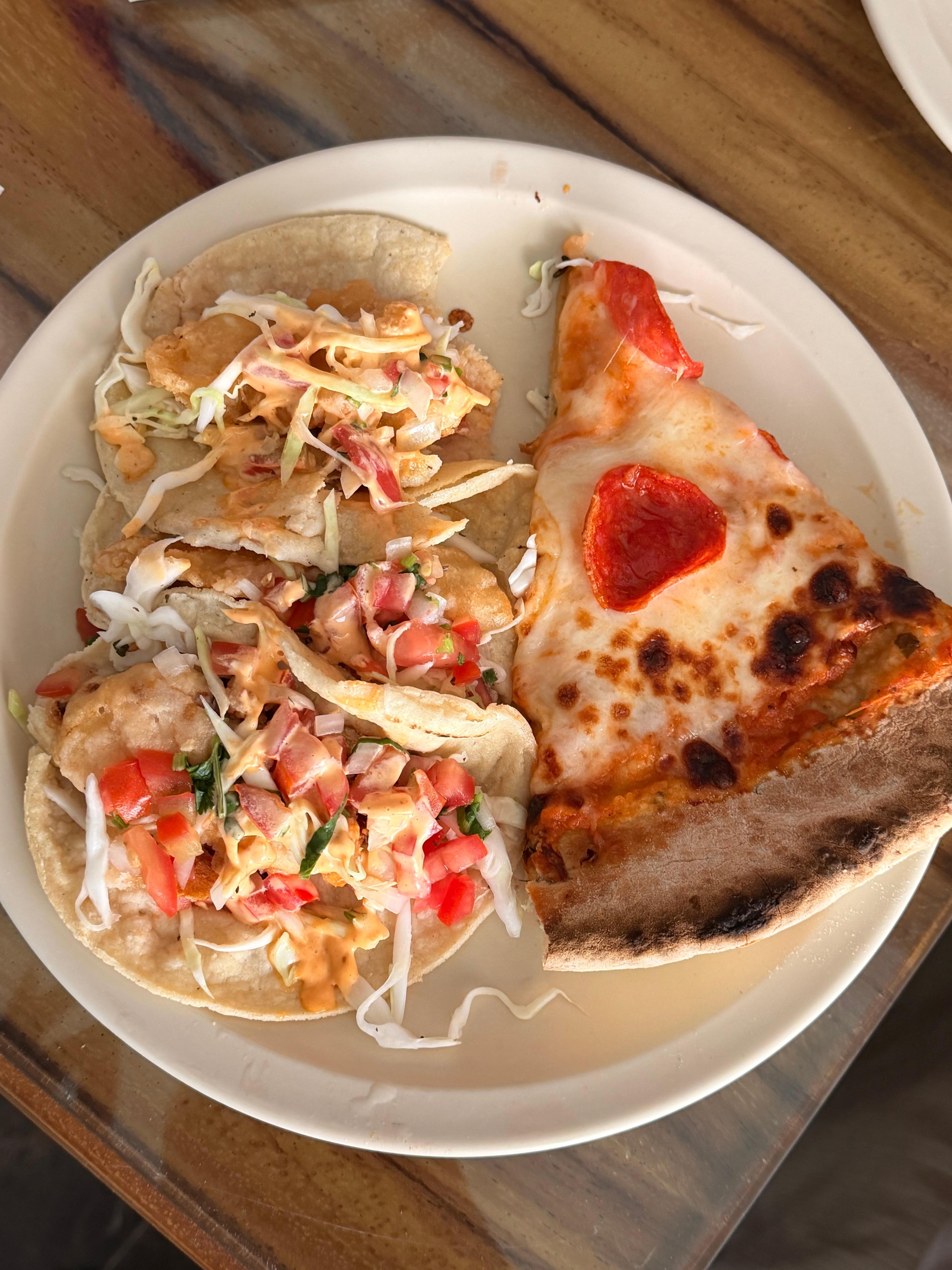 Fish tacos and pizza