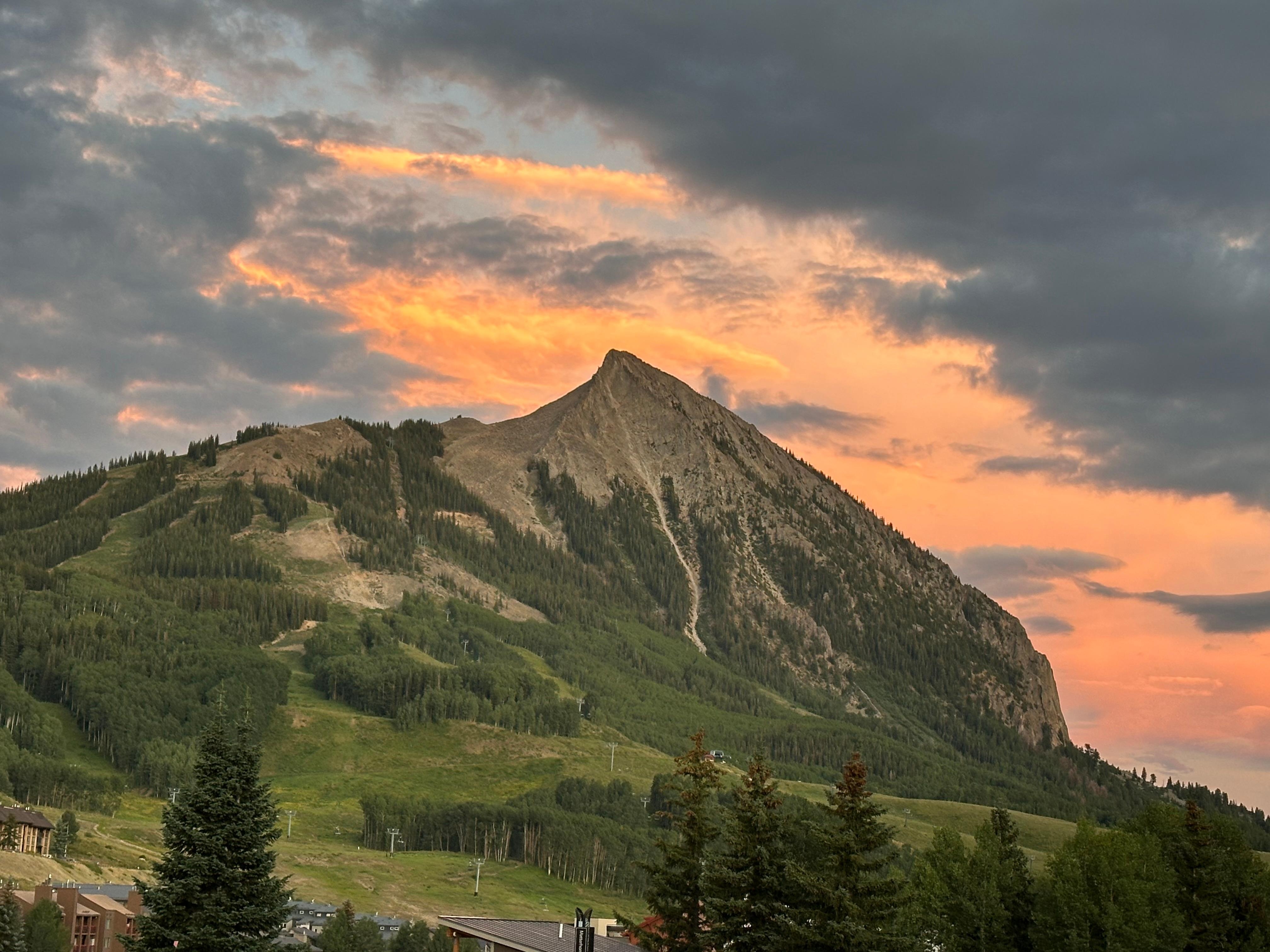 Sunset view of the ski mountain while sitting on the porch 