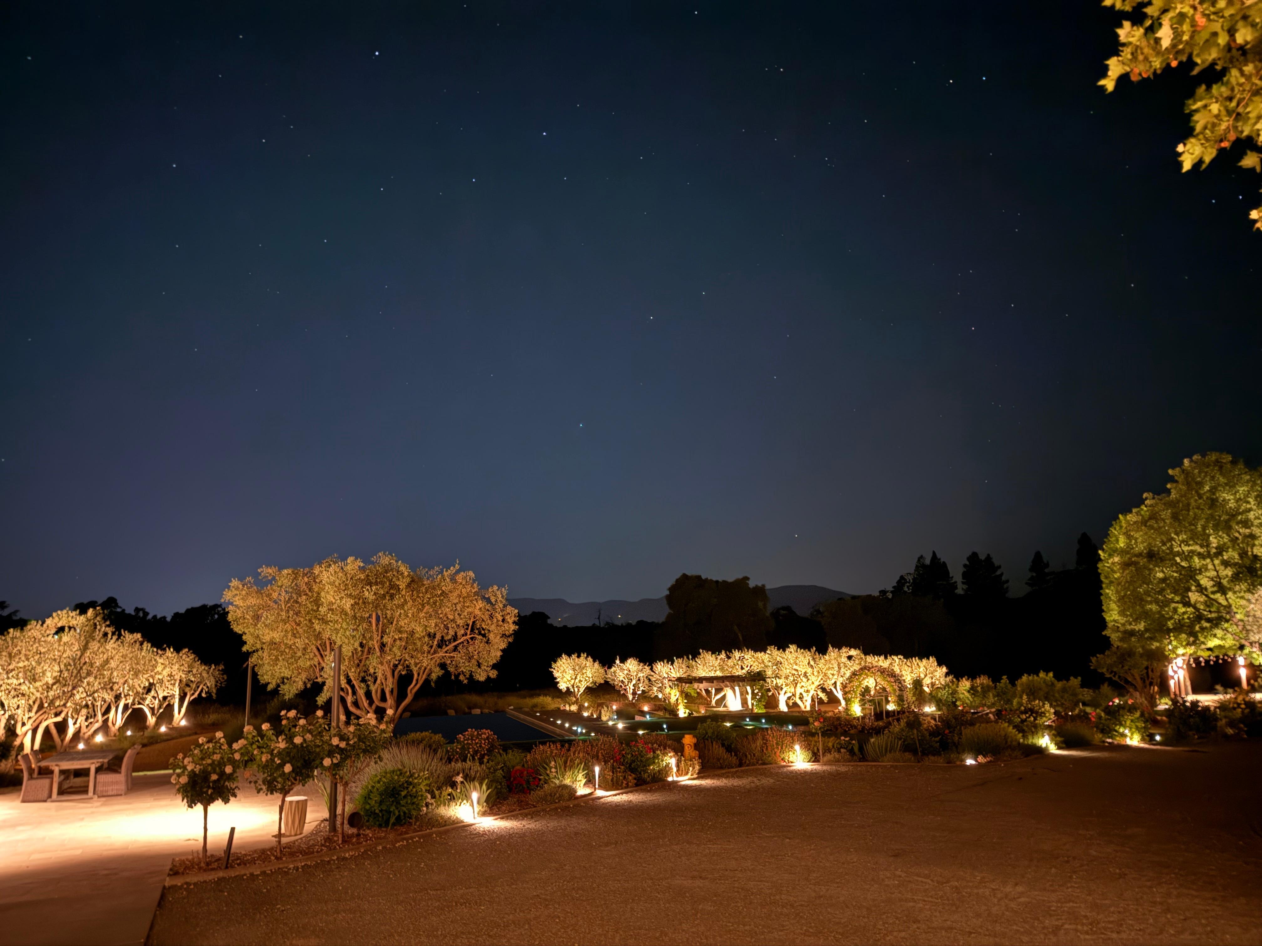 Lit landscaping and lots of stars!