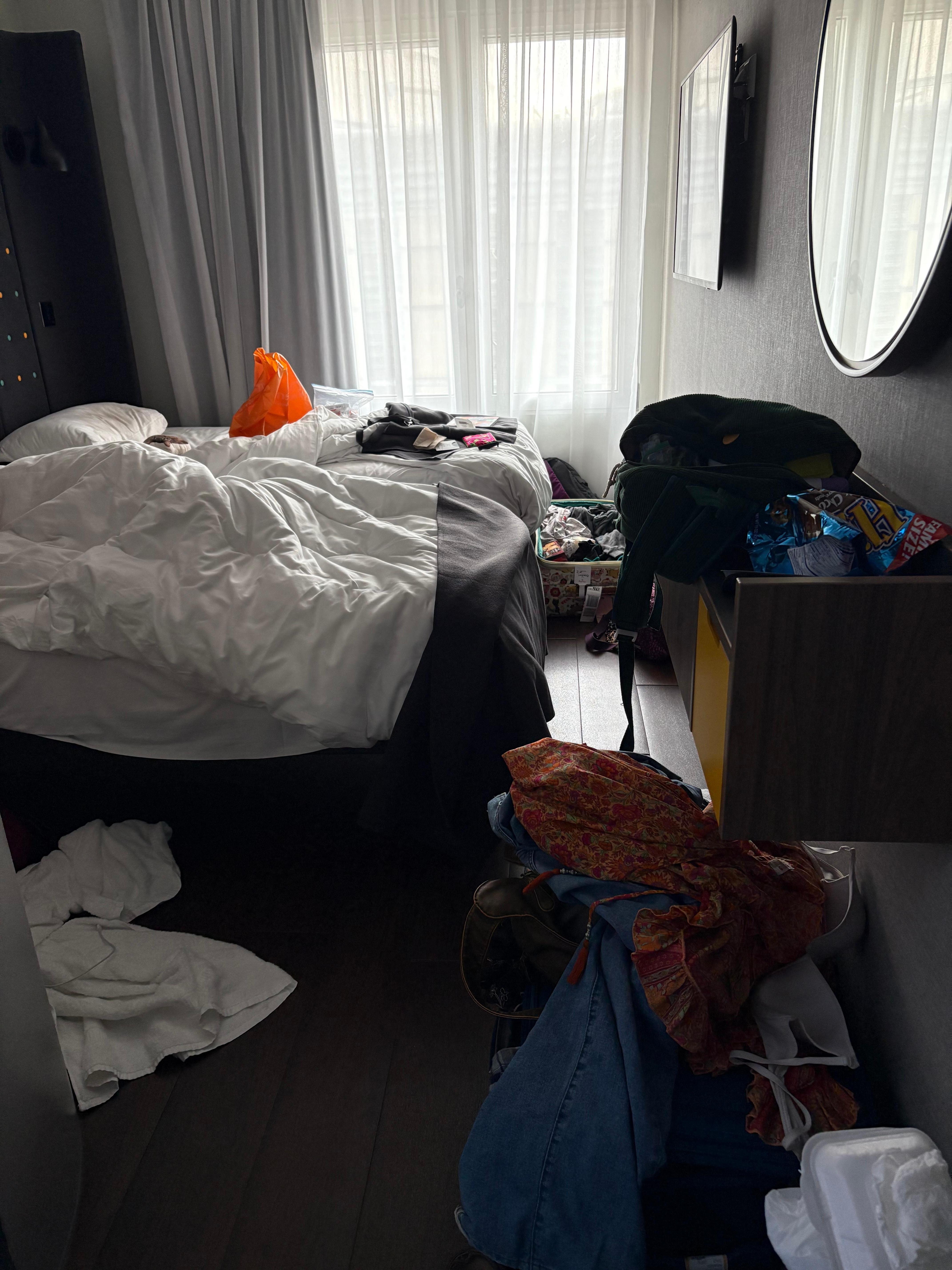 Our cozy room. No where to put luggage.