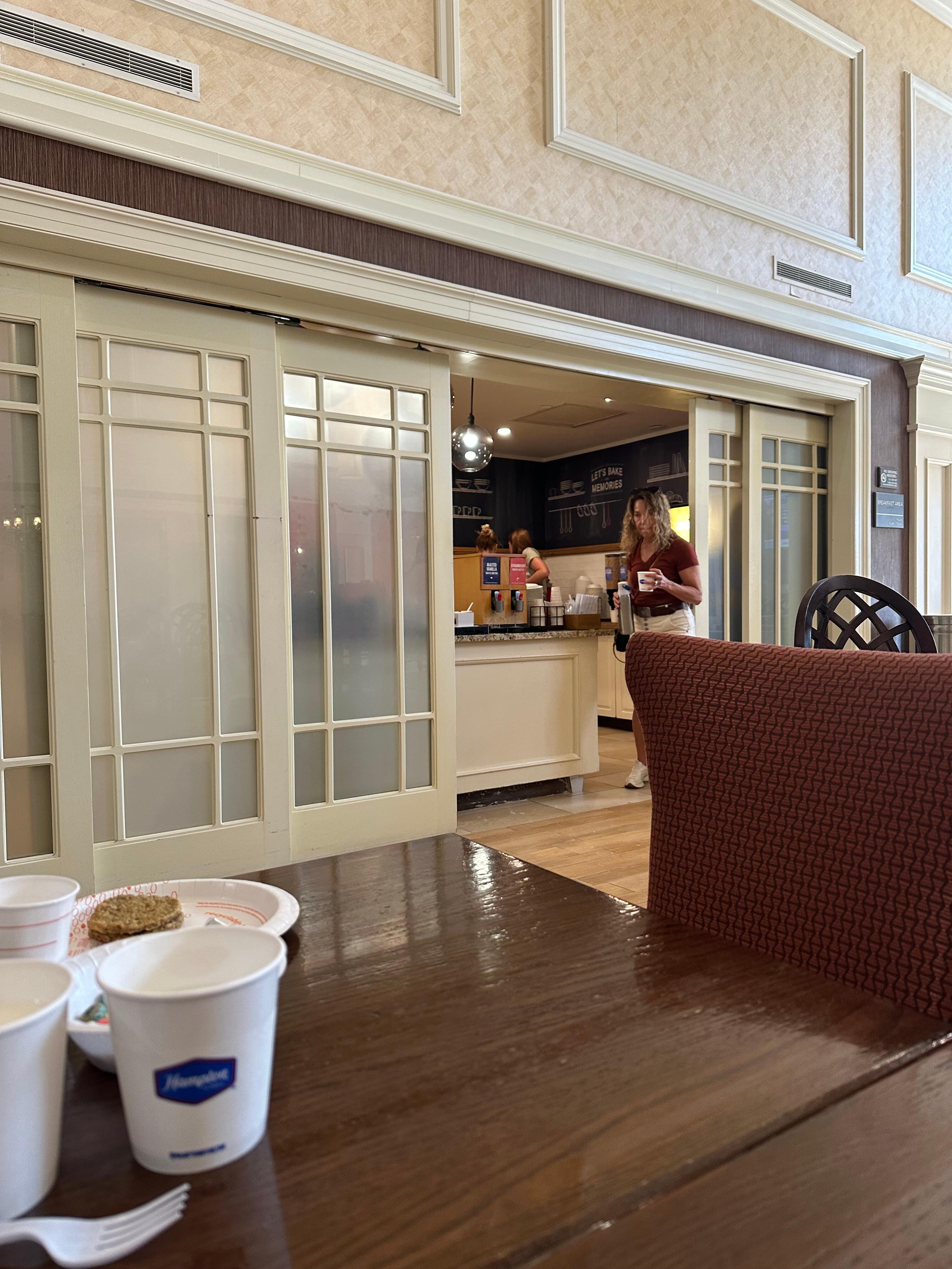 Closing the doors to breakfast, not letting people in to fill up milk, juice, or coffee. Tacky, rude, and just poor choice by the hotel. The world doesn’t end if you stay open and show kindness. 