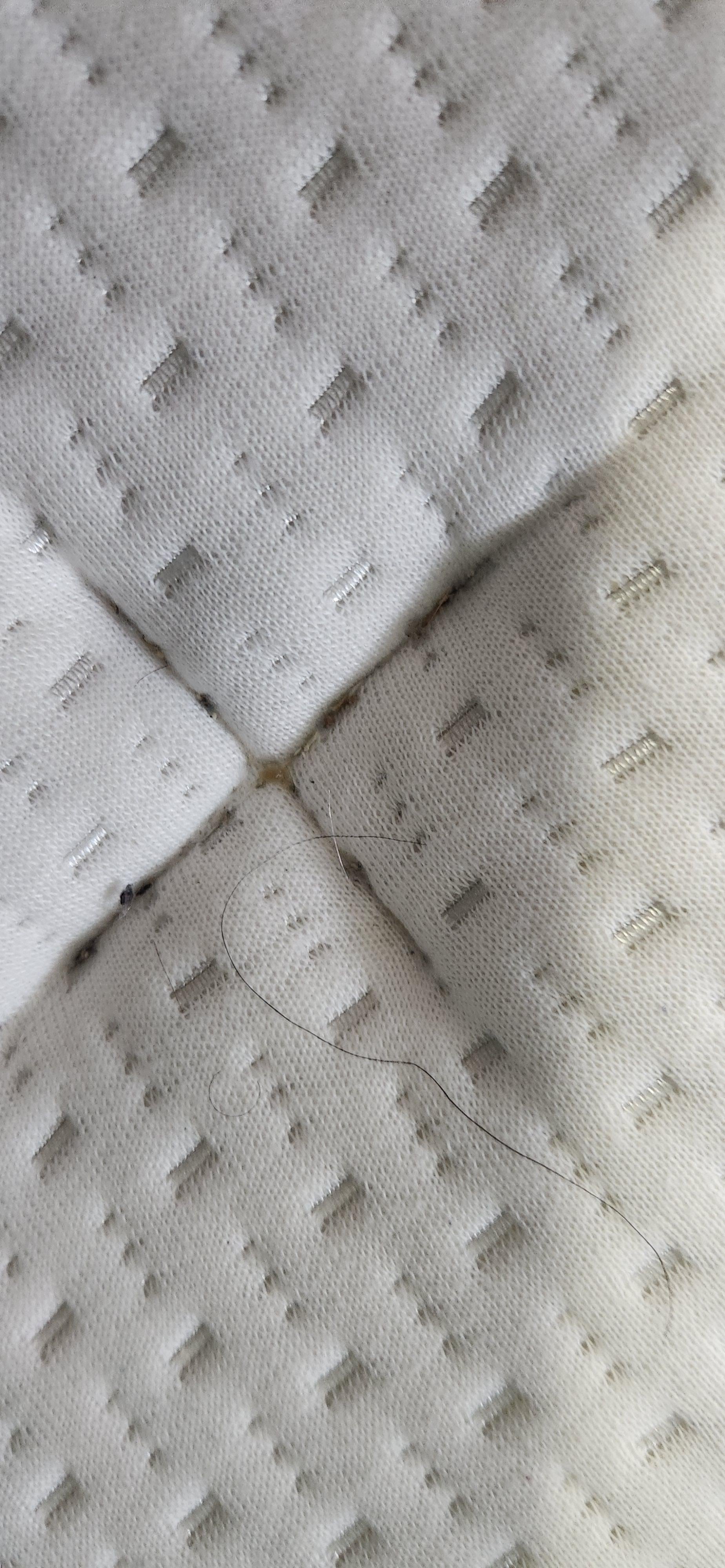 Filthy mattress covered in stains and hair with no mattress cover