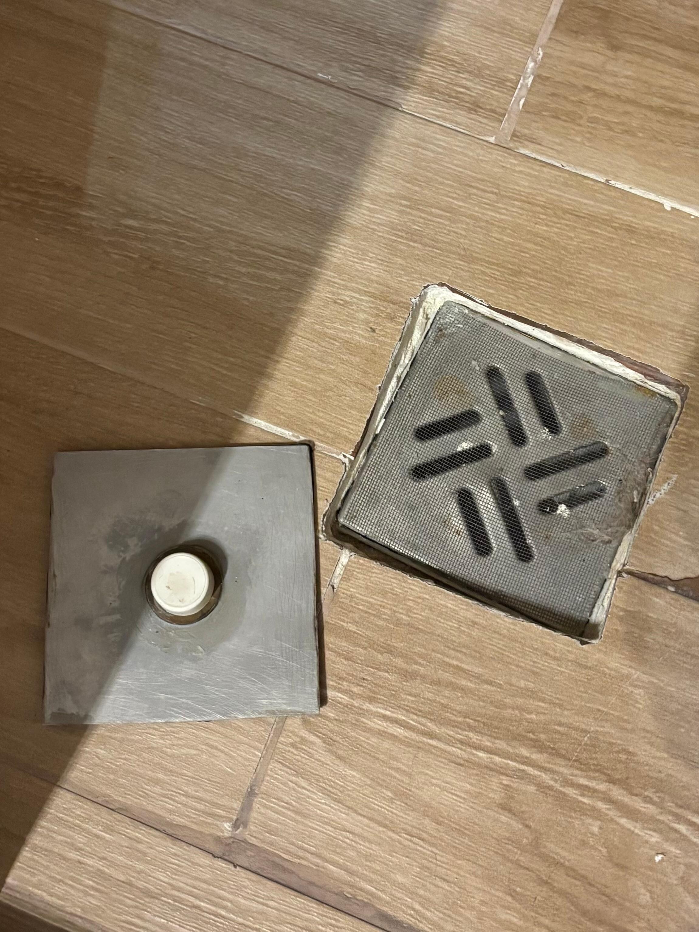 The shower floor with the cover for the drain removed. 