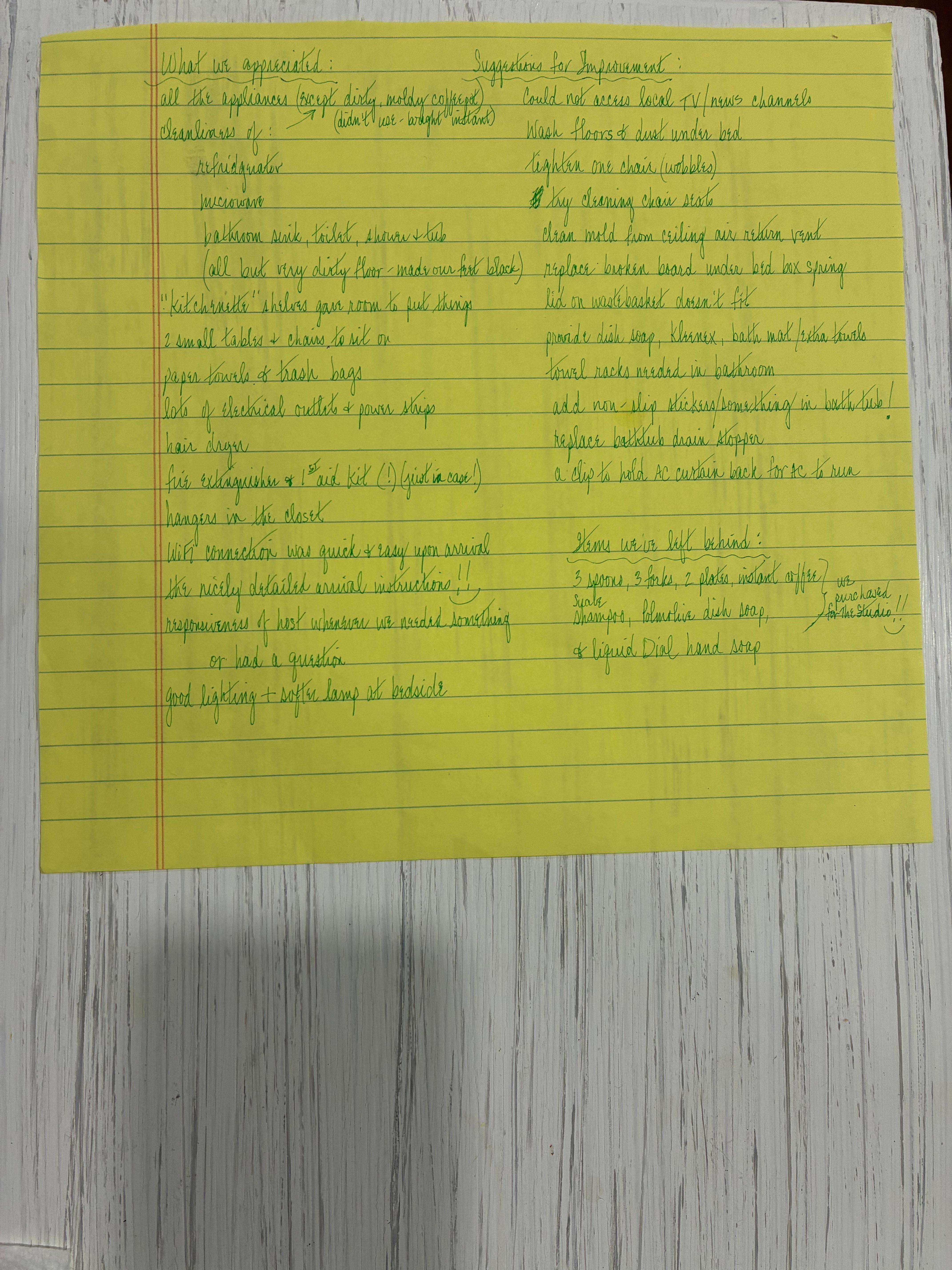 Note we left behind:  what we appreciated, suggestions for improvement, & what we left behind. 