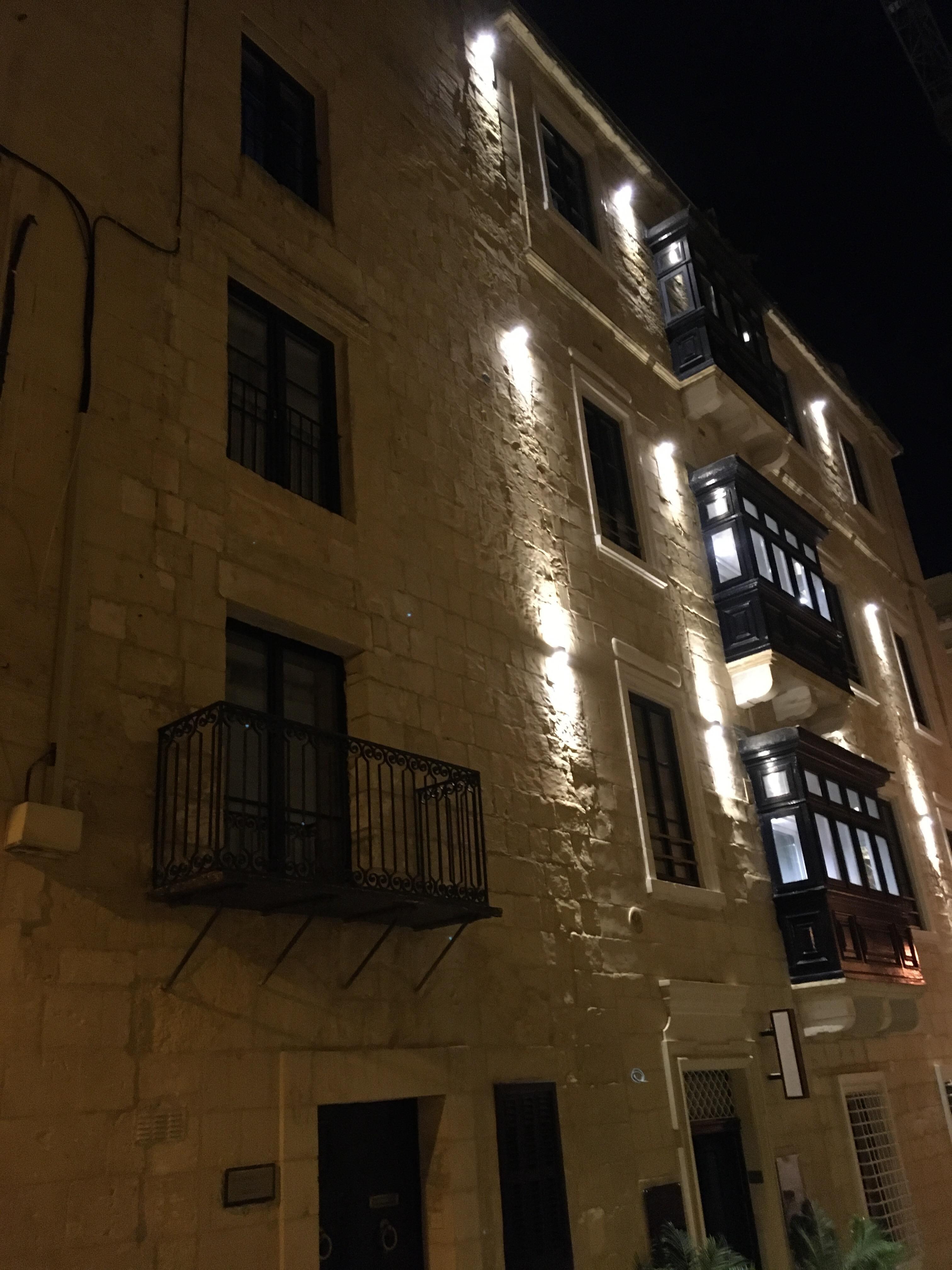 Welcoming facade of the hotel in the evening