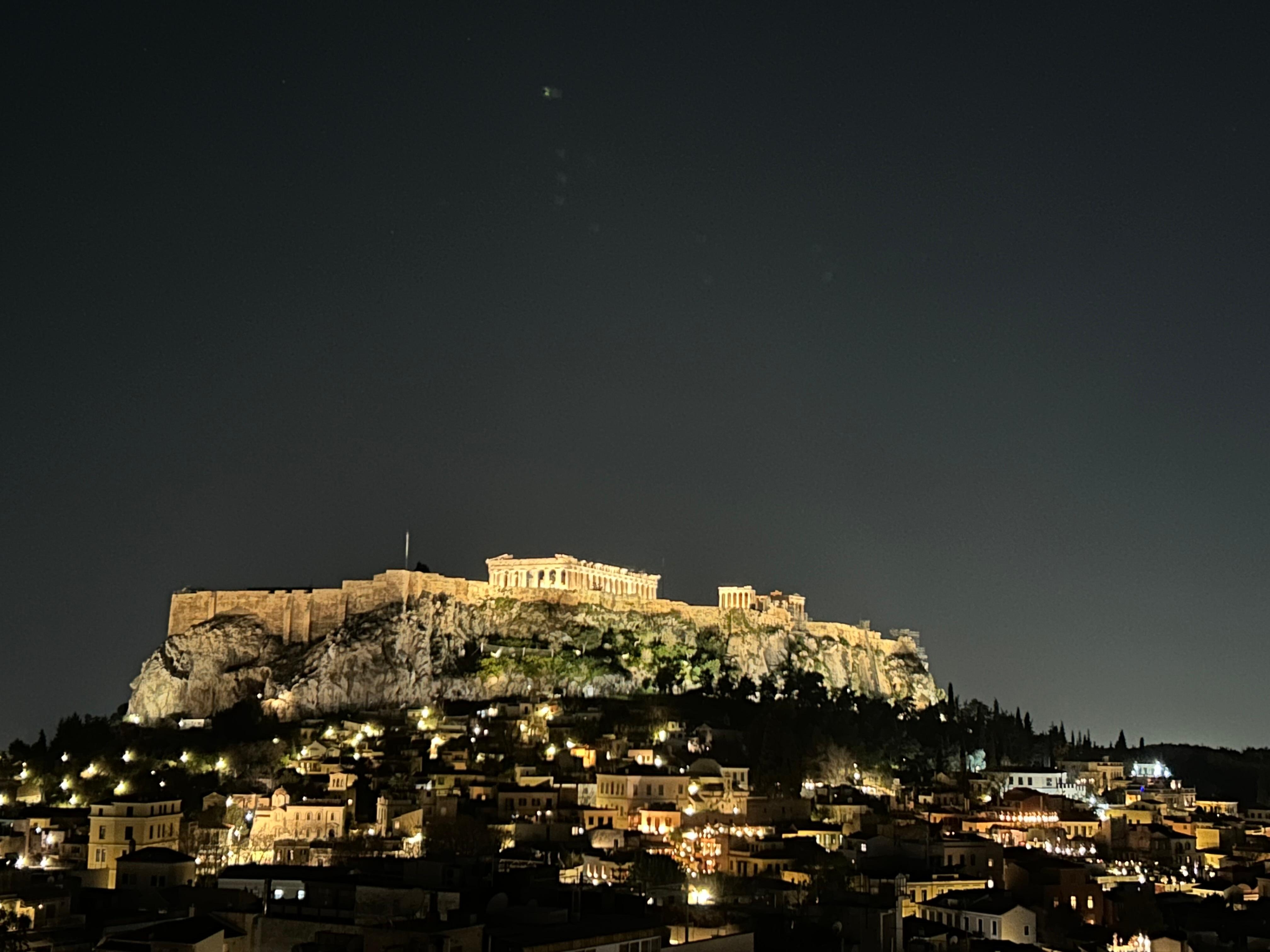 Nighttime view of the Acropolis from the rooftop bar/restaurant 