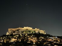 Nighttime view of the Acropolis from the rooftop bar/restaurant