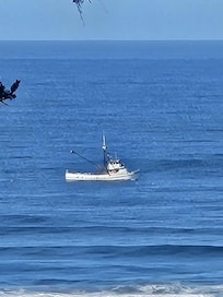 Fishing boat off the coastline.