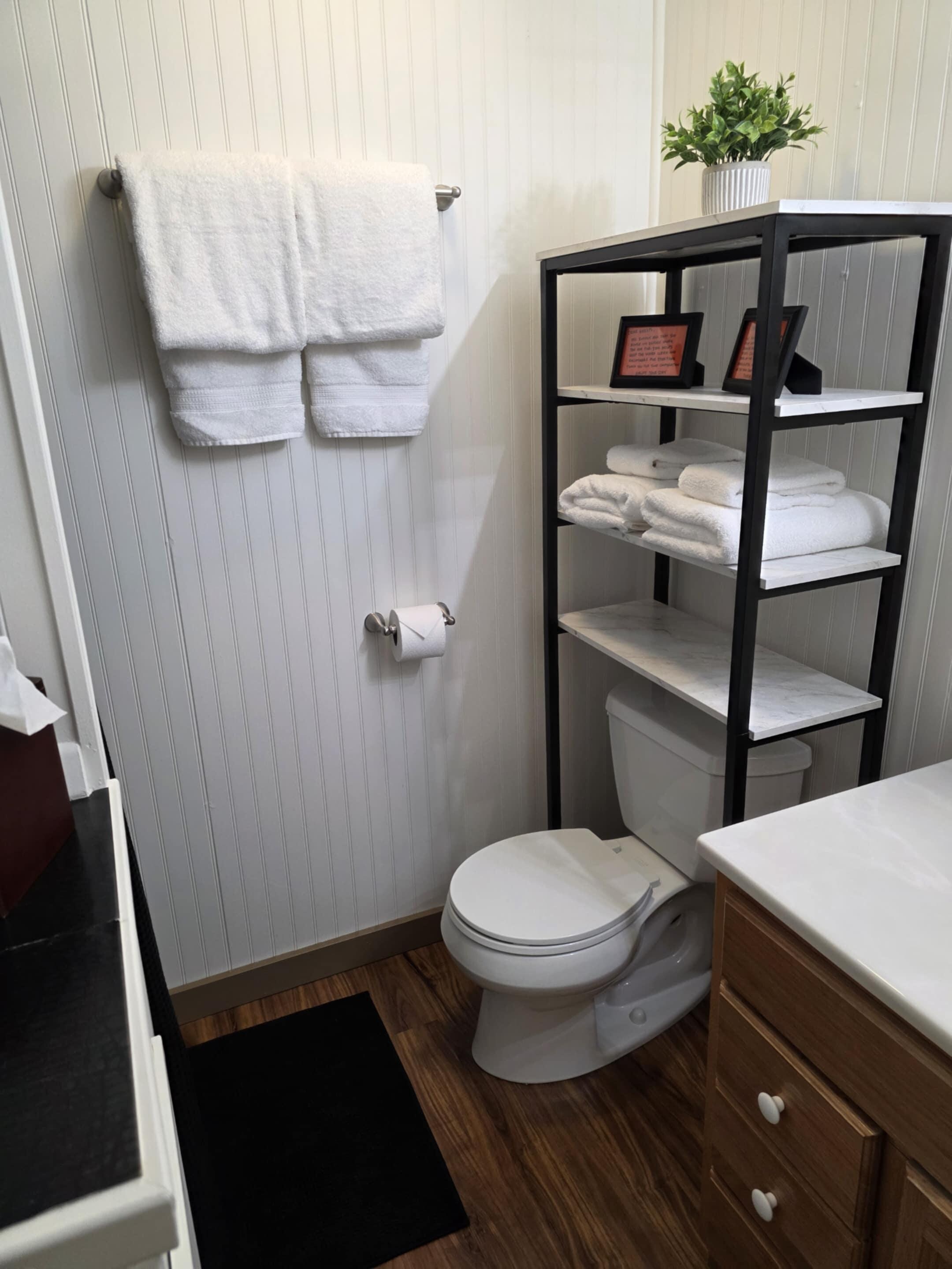 Gorgeous bathroom (the stand up shower is in the corner across from the toilet).