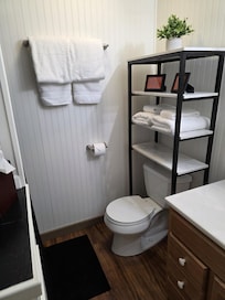 Gorgeous bathroom (the stand up shower is in the corner across from the toilet).