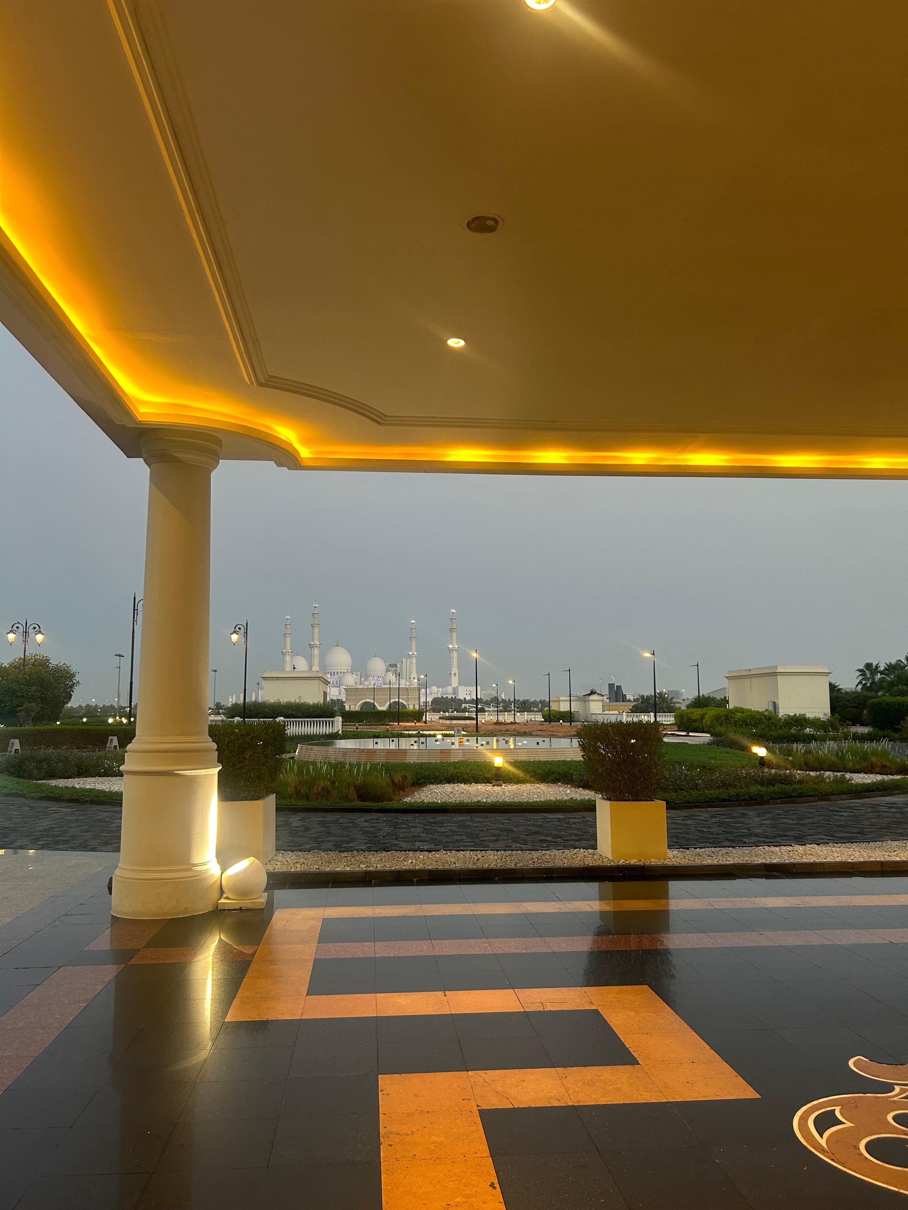 Front view from entry point of hotel of mosque