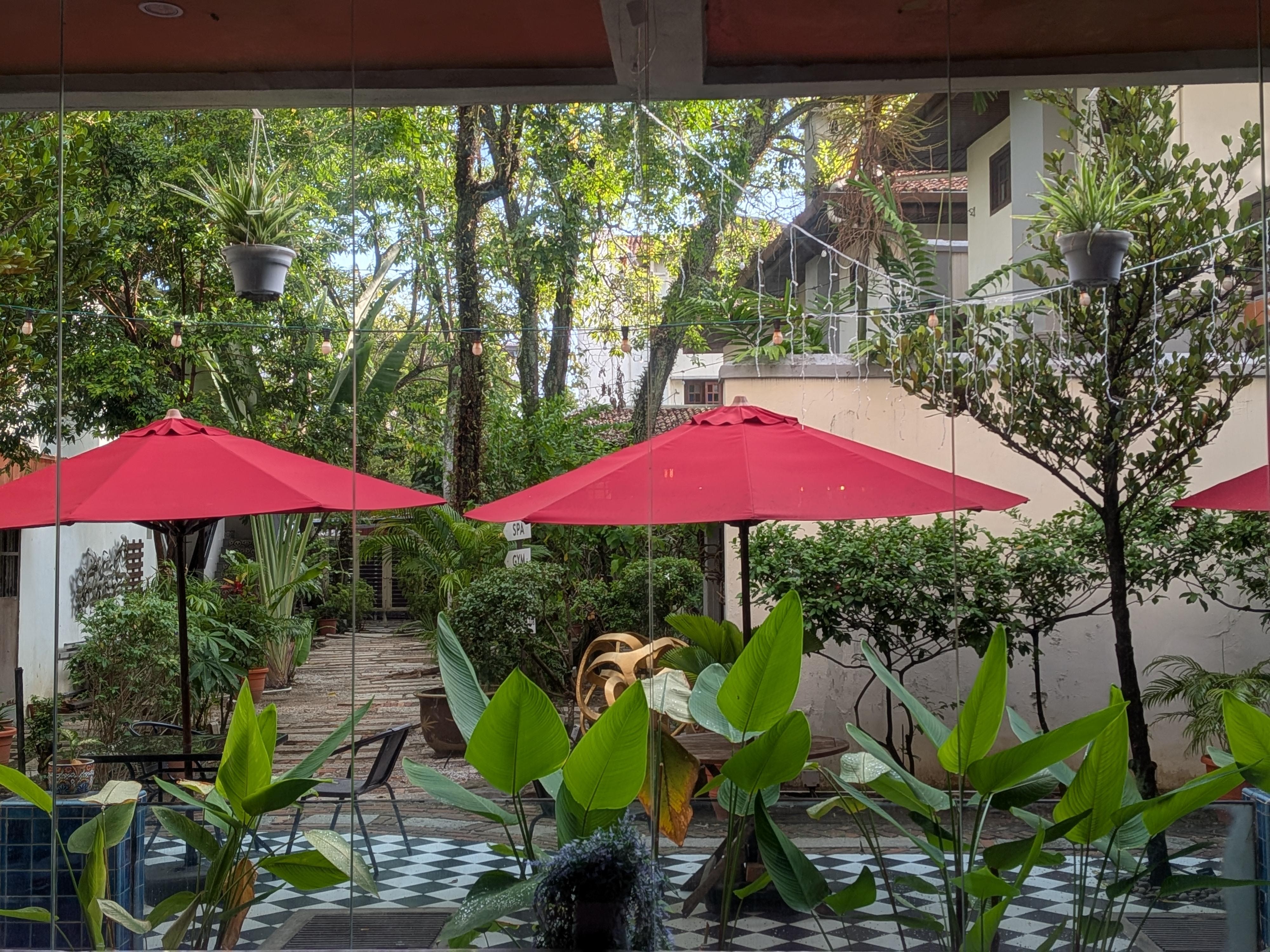 View of the fish pond and courtyard from the breakfast area