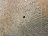 One of 3 holes in the blankets from cigarettes