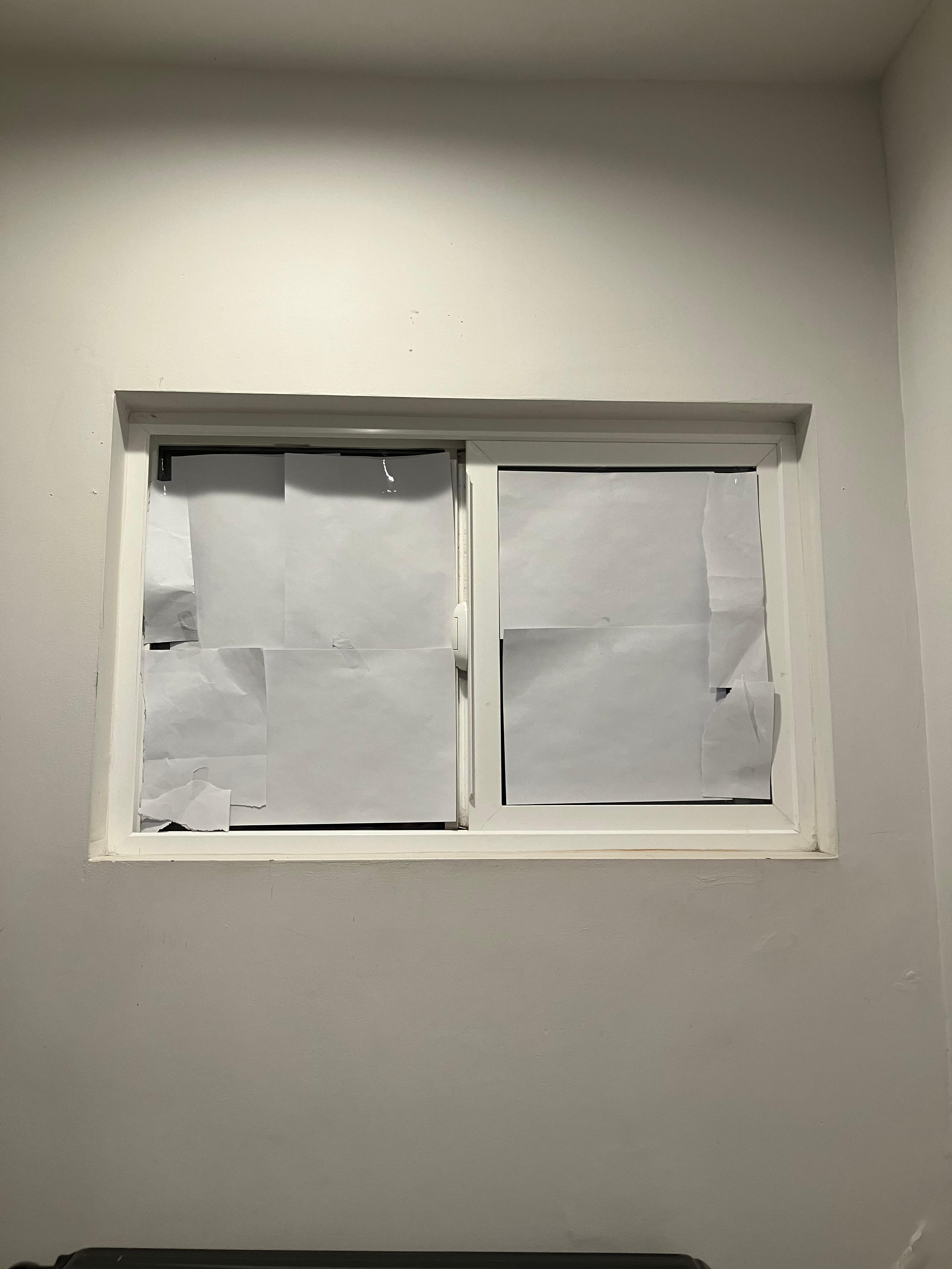 Window in room with no curtain. There are bushes outside, but no way to tell if someone is looking in at night. Front desk gave me paper and tape to cover it. Maybe just get some curtains?