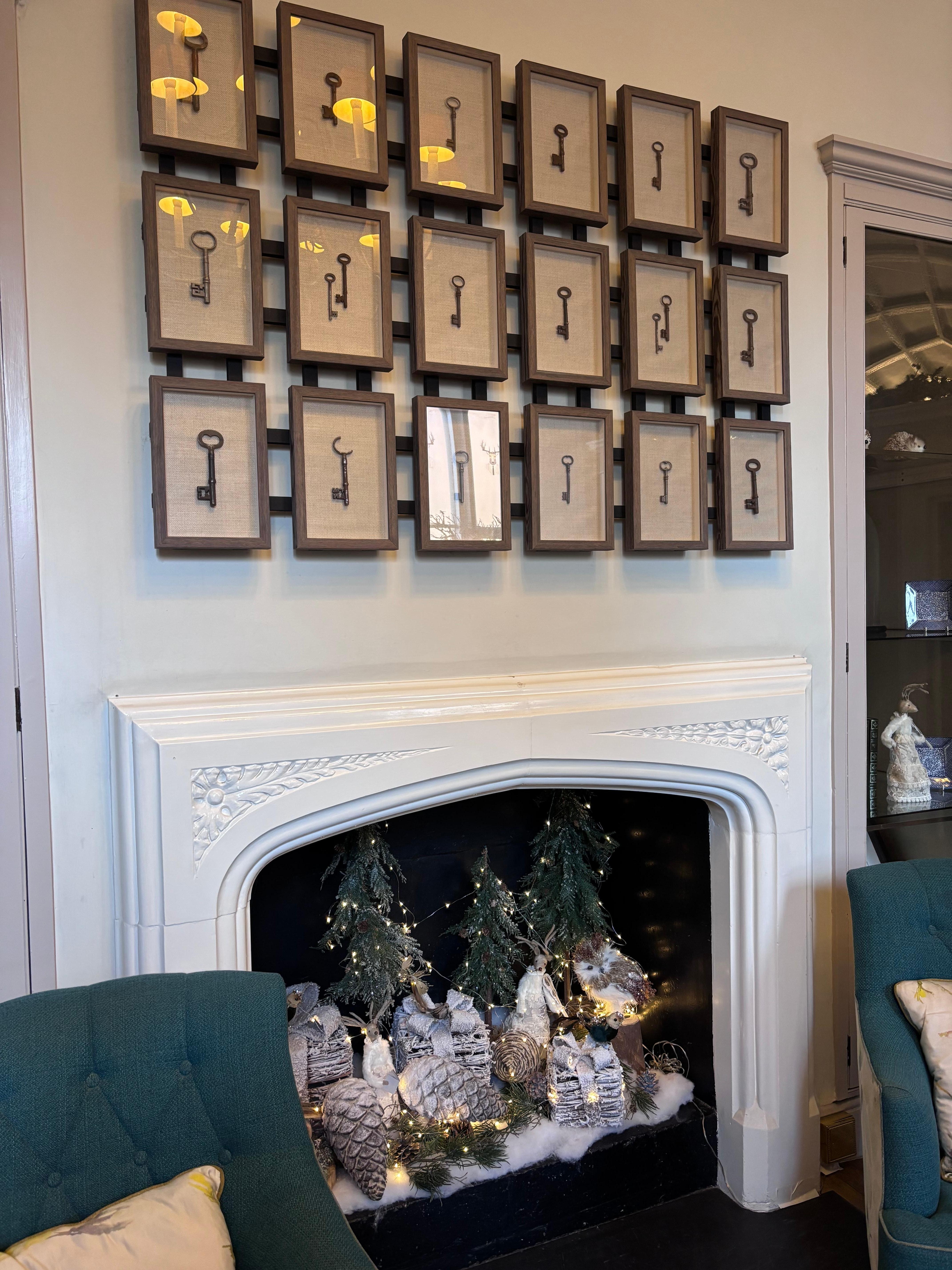 Old keys are hung at most rooms and the fireplace. 