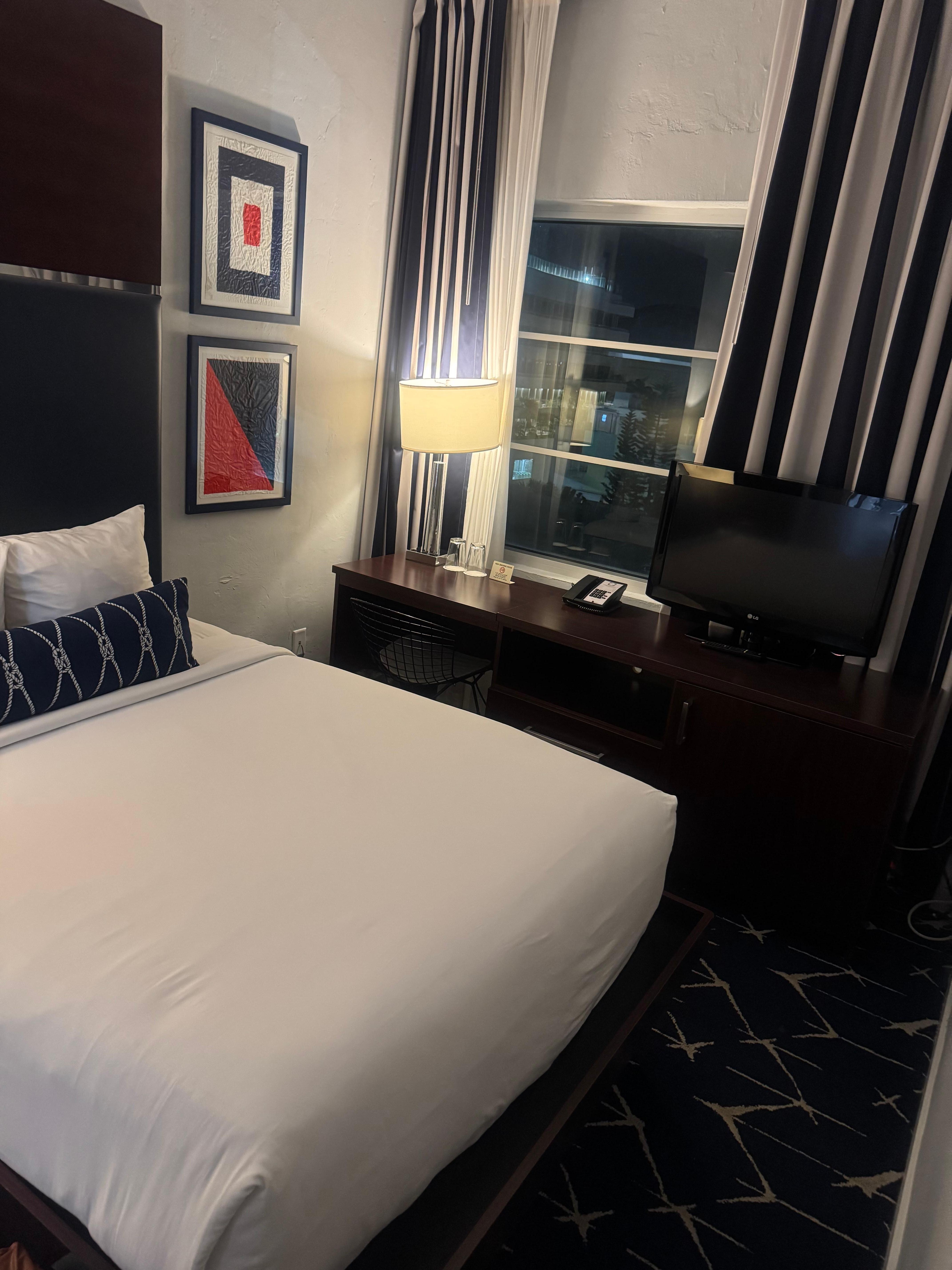 This is the “petite” standard room. 180 square feet and barely enough room to safely get around the bed. Fine for one person. But not good for two 