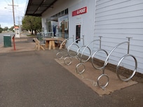 The Grong Grong store has interesting bike racks, friendly staff and delicious home made sausage rolls.