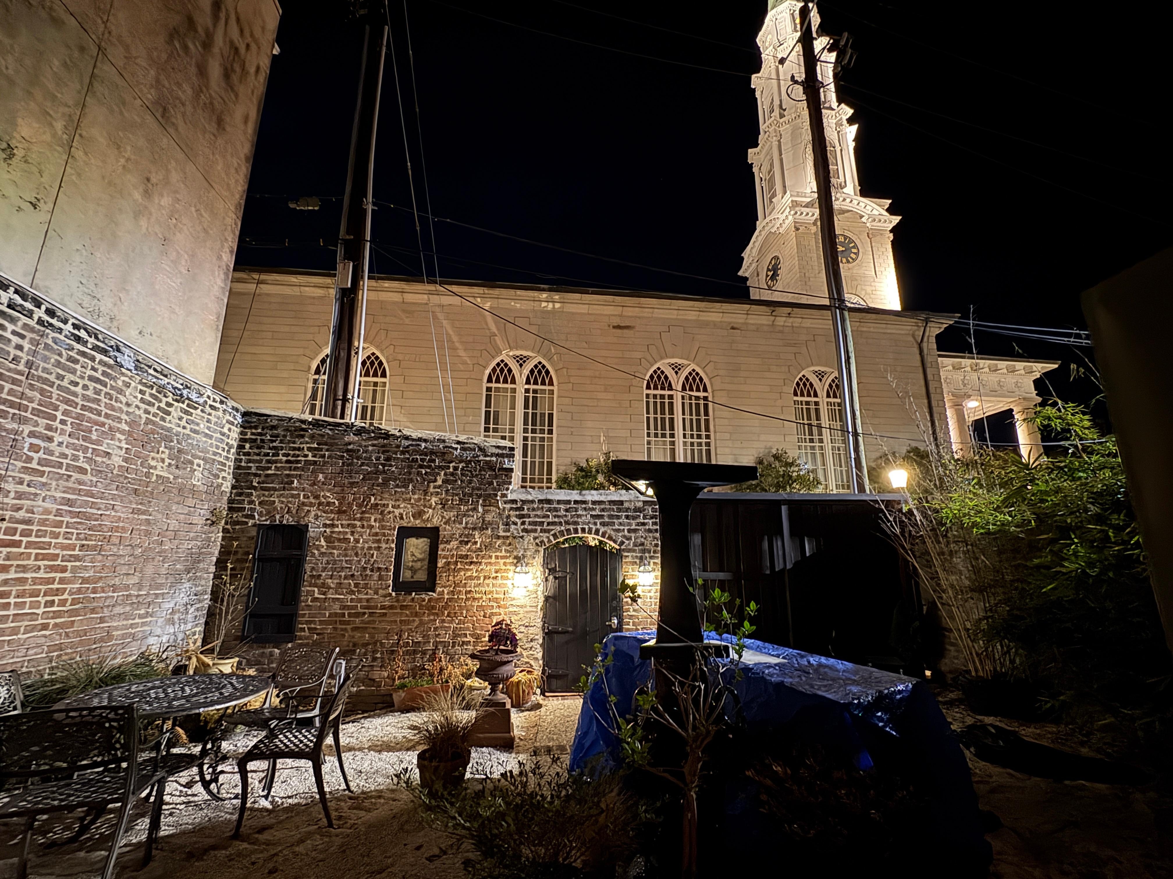 Courtyard view and  Independent Presbyterian Church of Savannah