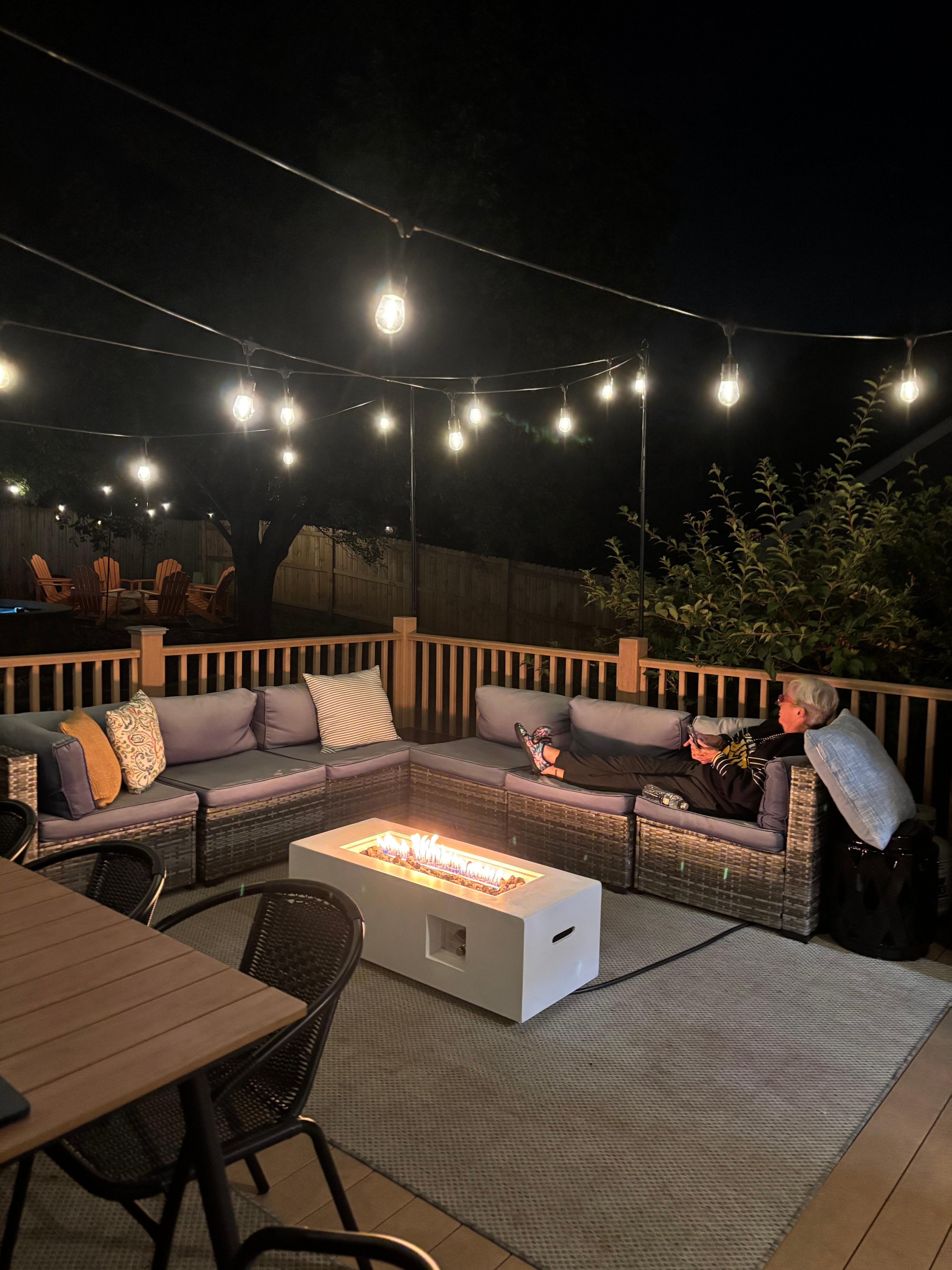 Enjoying the party lights and fire pit
