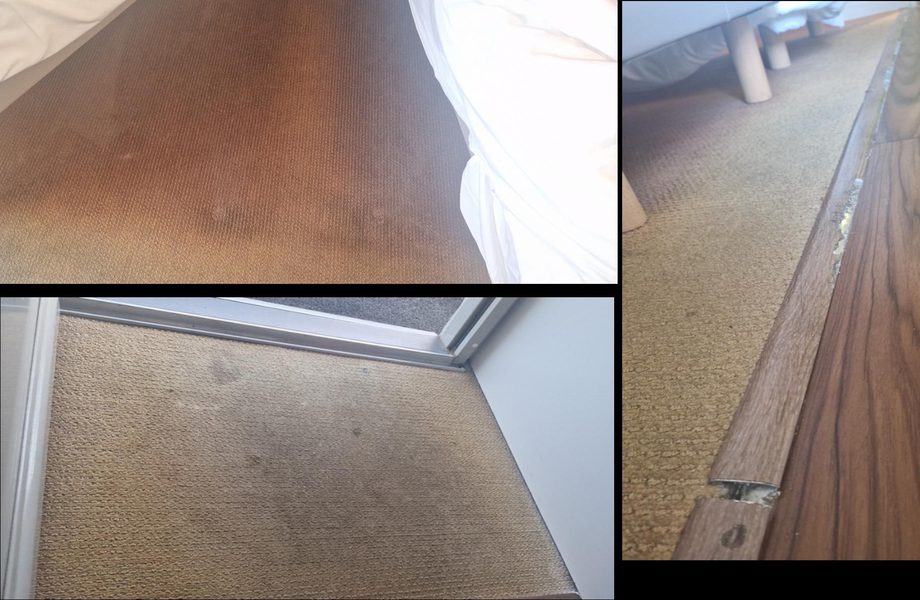 Moquette qui date et inadaptée dans un hotel de grand passage et rail de jonction moquette parquet très usé