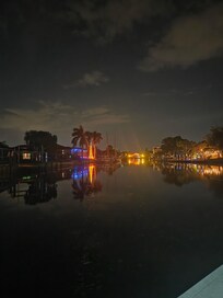 View down the canal from the outdoor seating area.