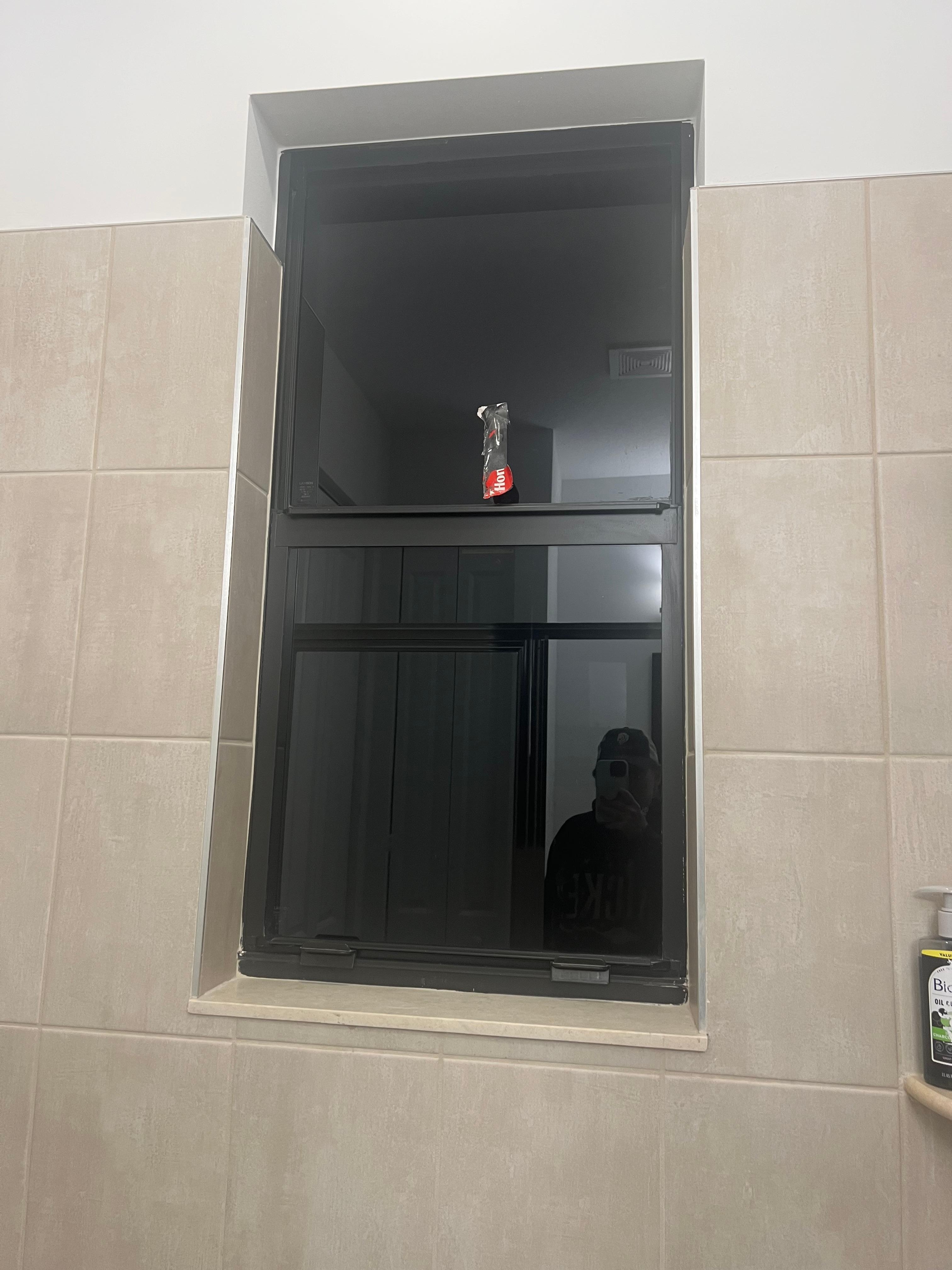 See through window in master shower. Had to shower in the dark for privacy