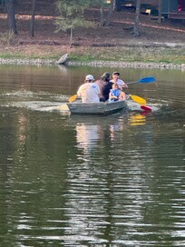 Boys will be boys, and try to chase ducks on the pond.