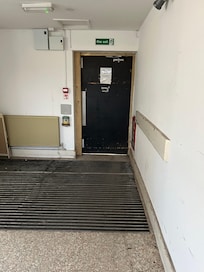 Padlocked fire door.