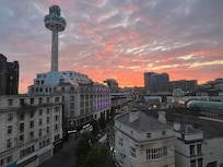 Lovely view of the sunrise across the city from the apartment