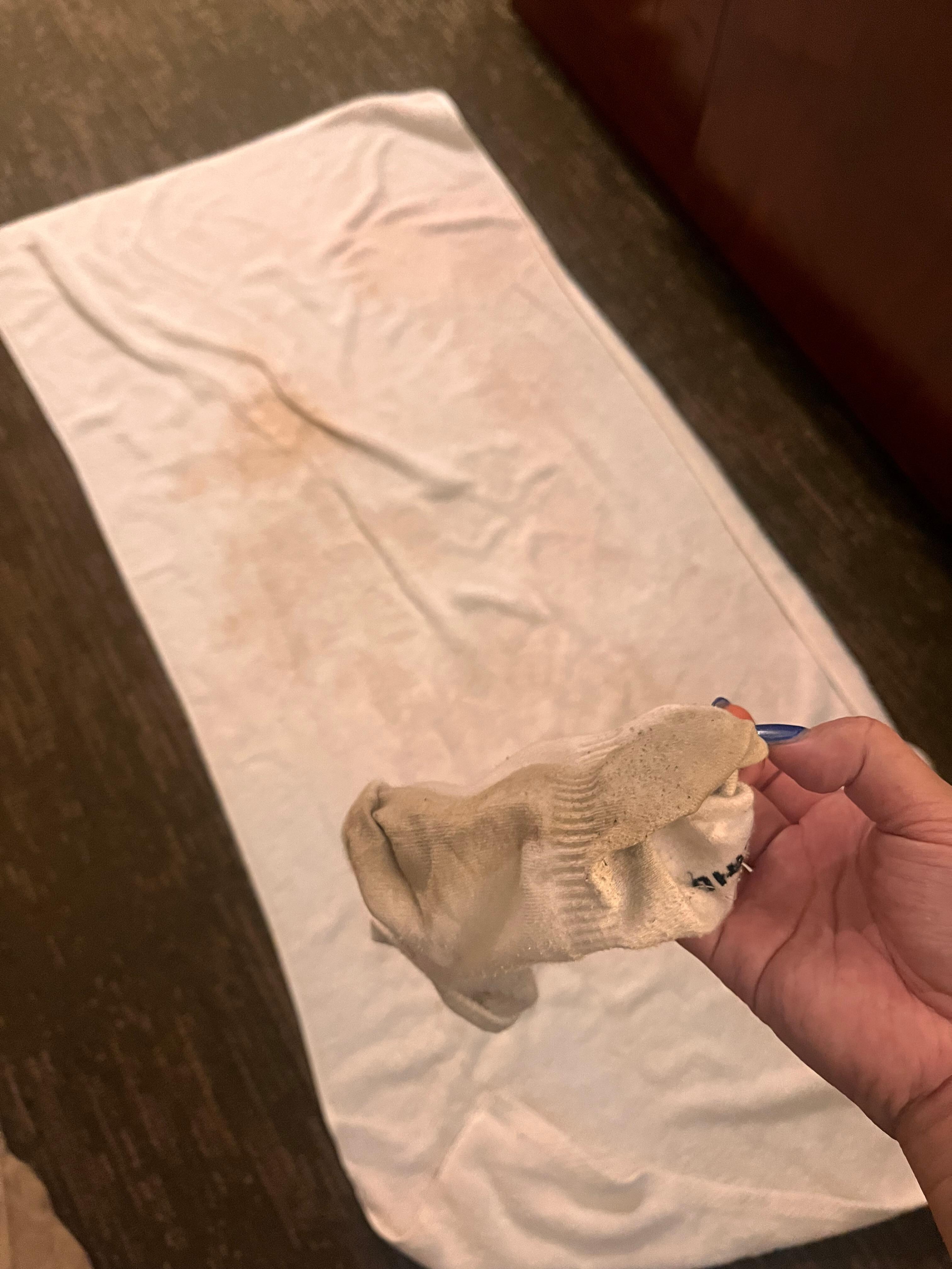 Soon as we got to the room the floor was wet and when I put the towel down look how the towel got wet and it’s not even water that’s nasty 