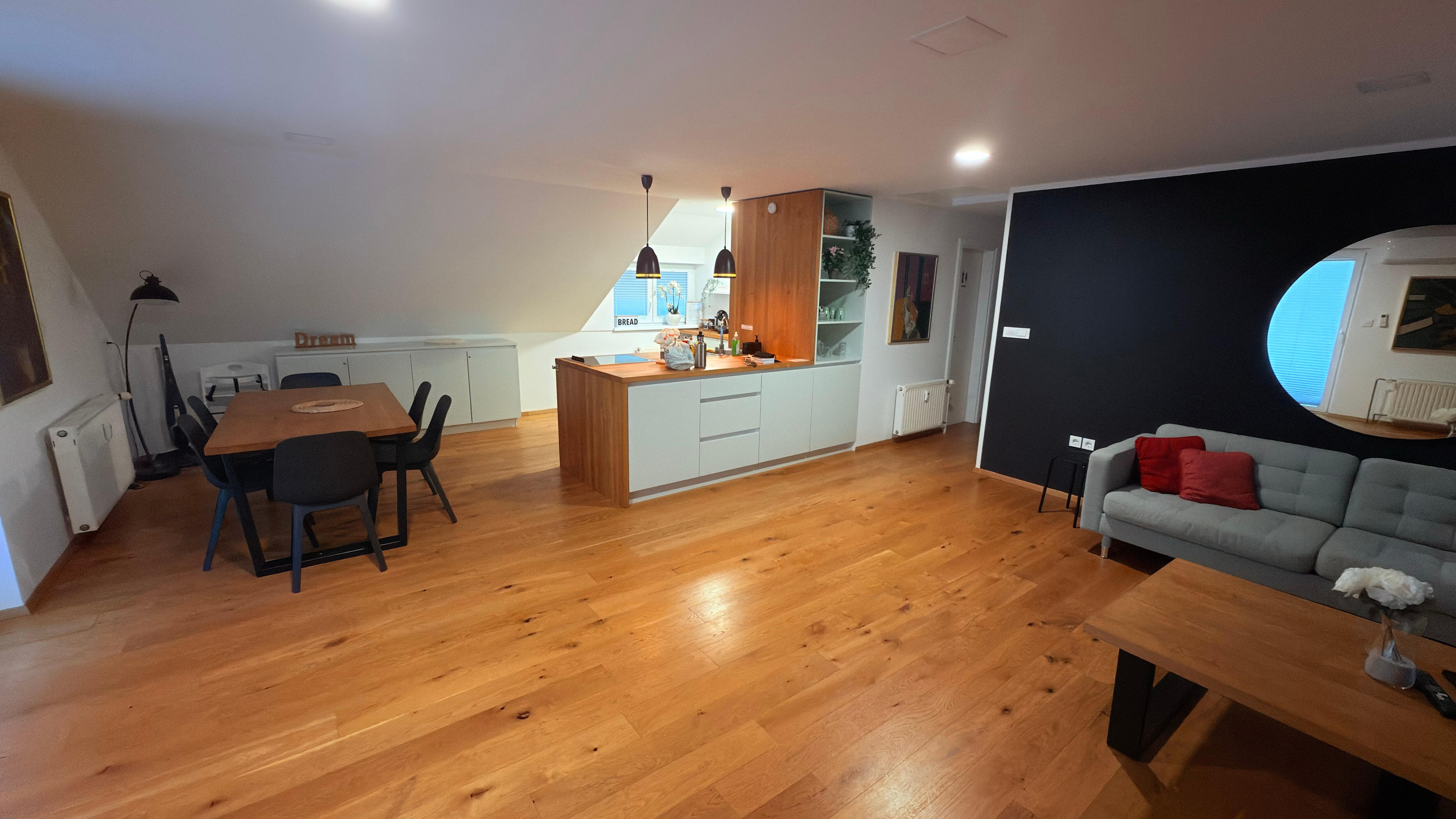 Living room, kitchen and dining room