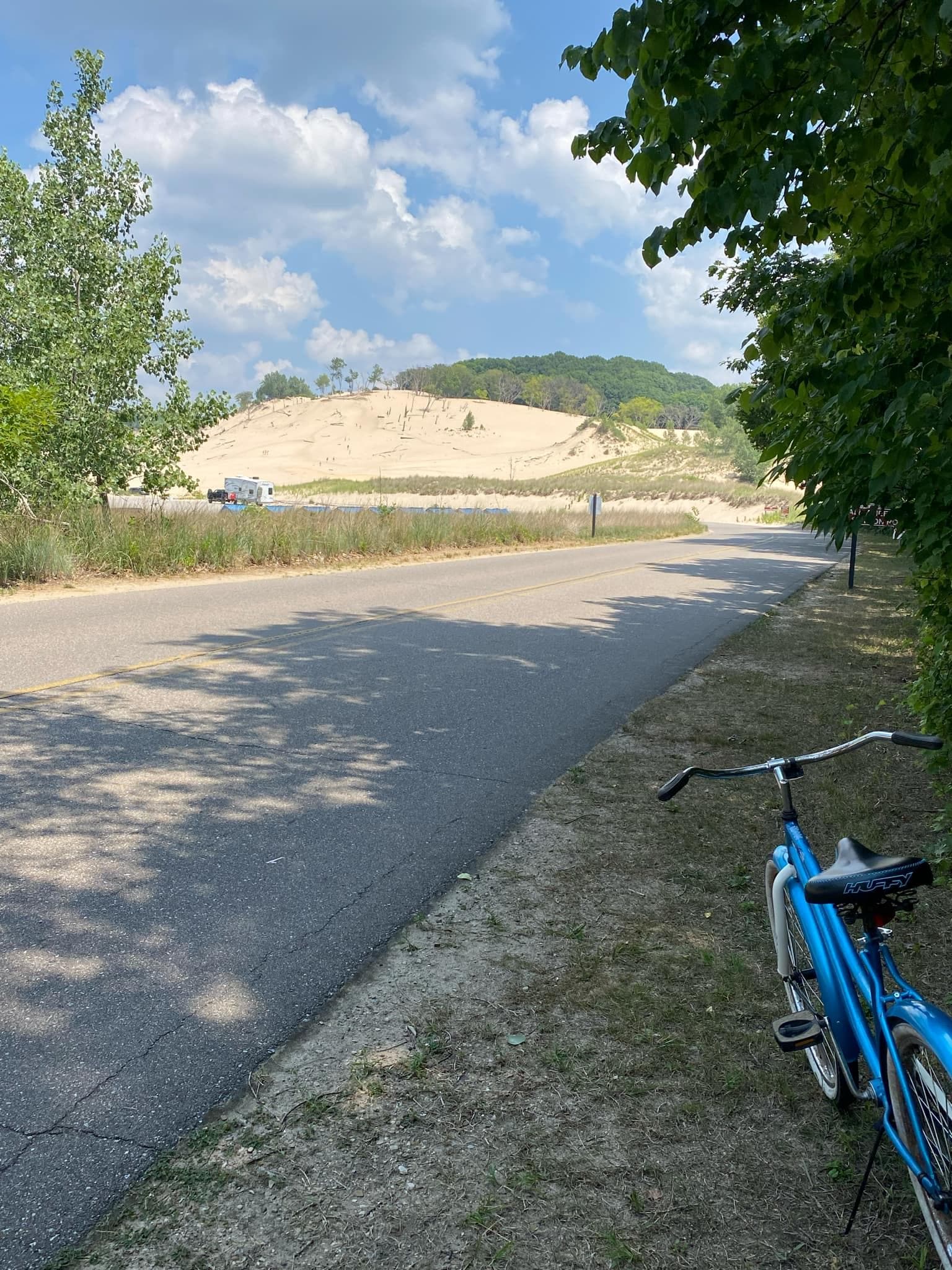 The super cool view as you round the corner toward the Warren Dunes beach area.  It's about 3/4 mile, takes about 15 minutes on bicycle with moderate exertion.