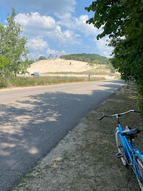 The super cool view as you round the corner toward the Warren Dunes beach area. It's about 3/4 mile, takes about 15 minutes on bicycle with moderate exertion.