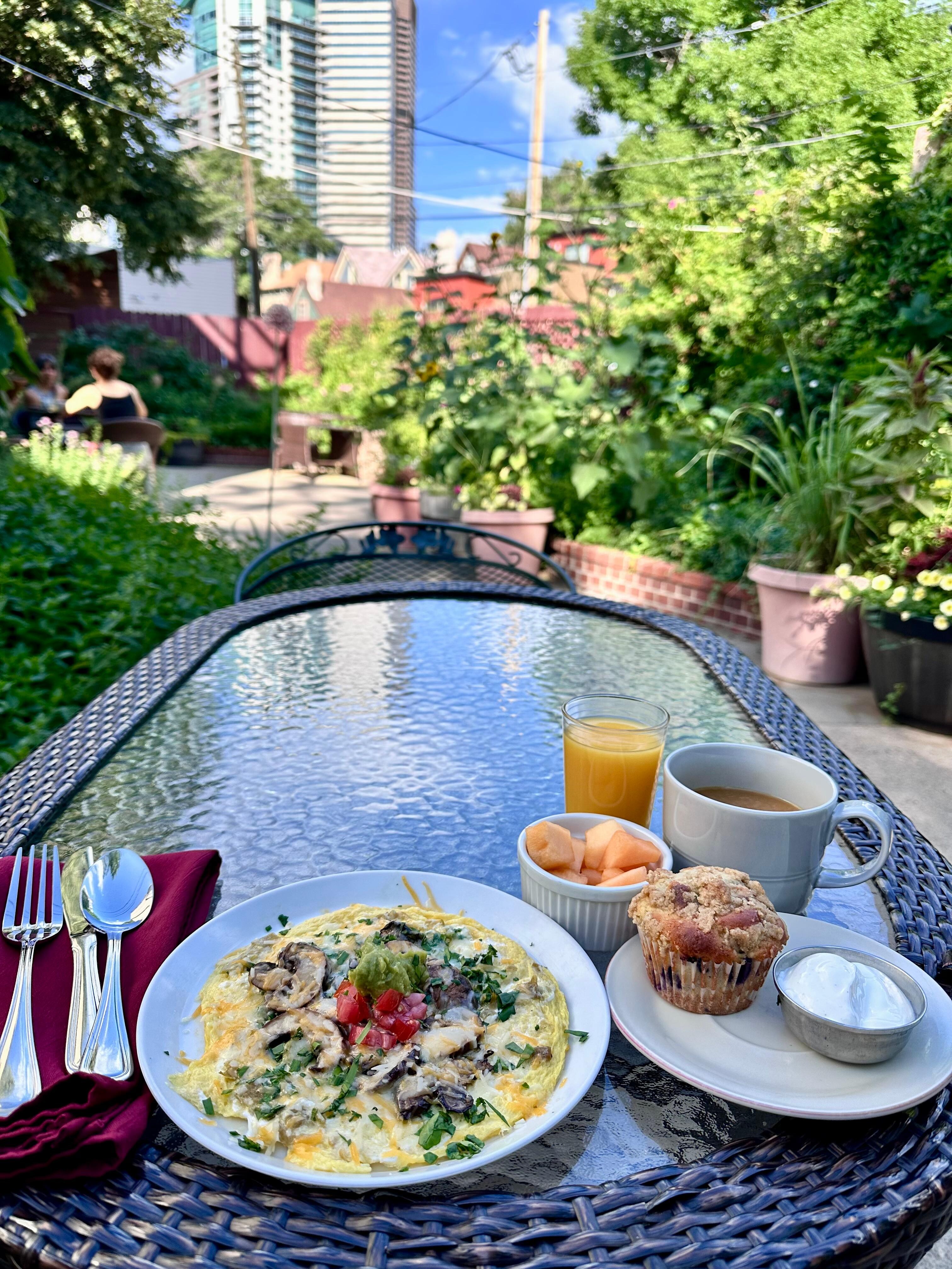 Breakfast was absolutely delicious and so enjoyable in the back garden patio