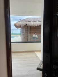 The human figure mural in front of the room door was unsettling and felt scary both during the day and at night.