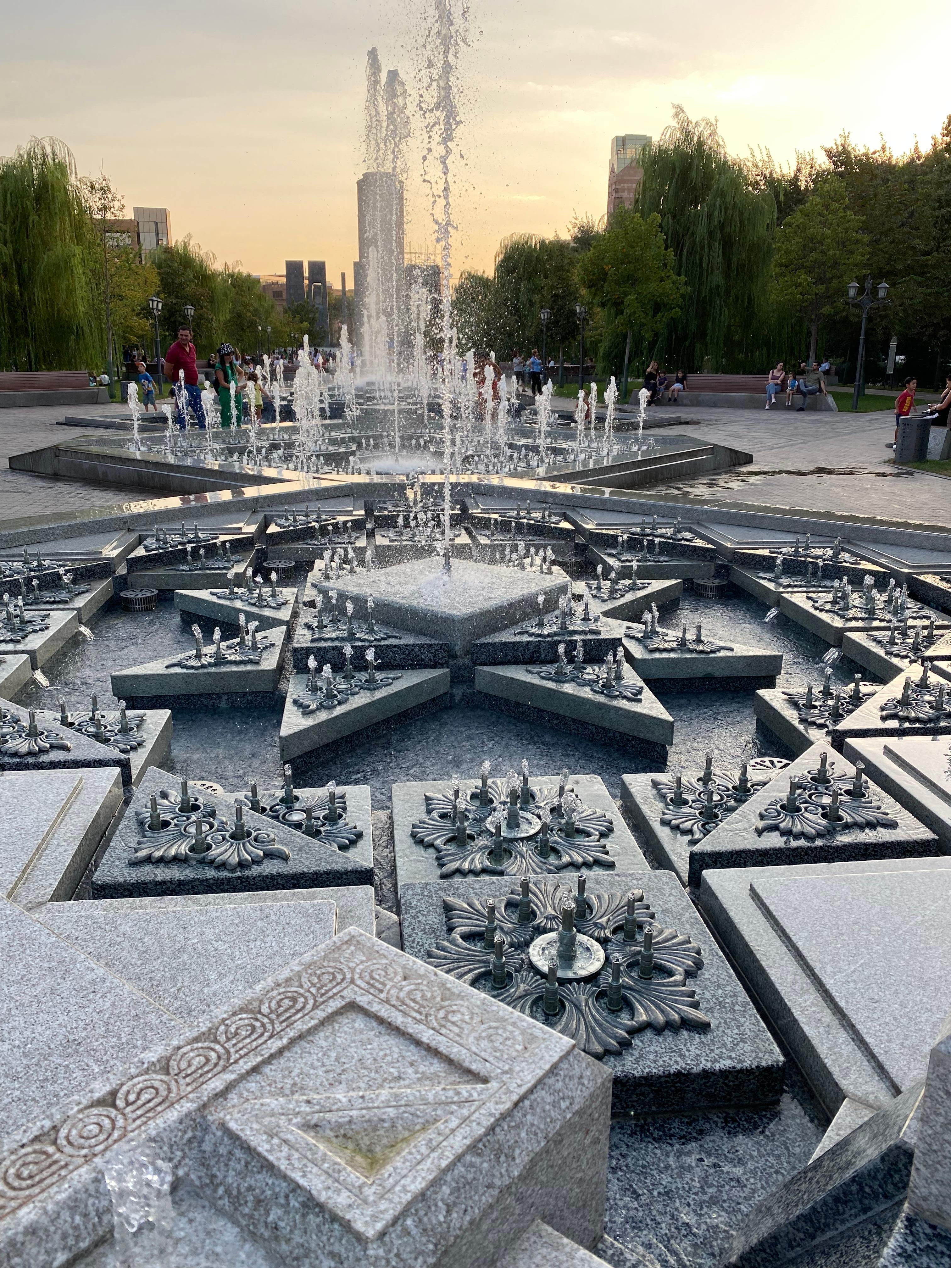 The fountains in the park outside the hotel