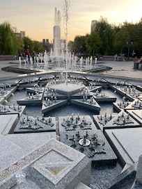 The fountains in the park outside the hotel