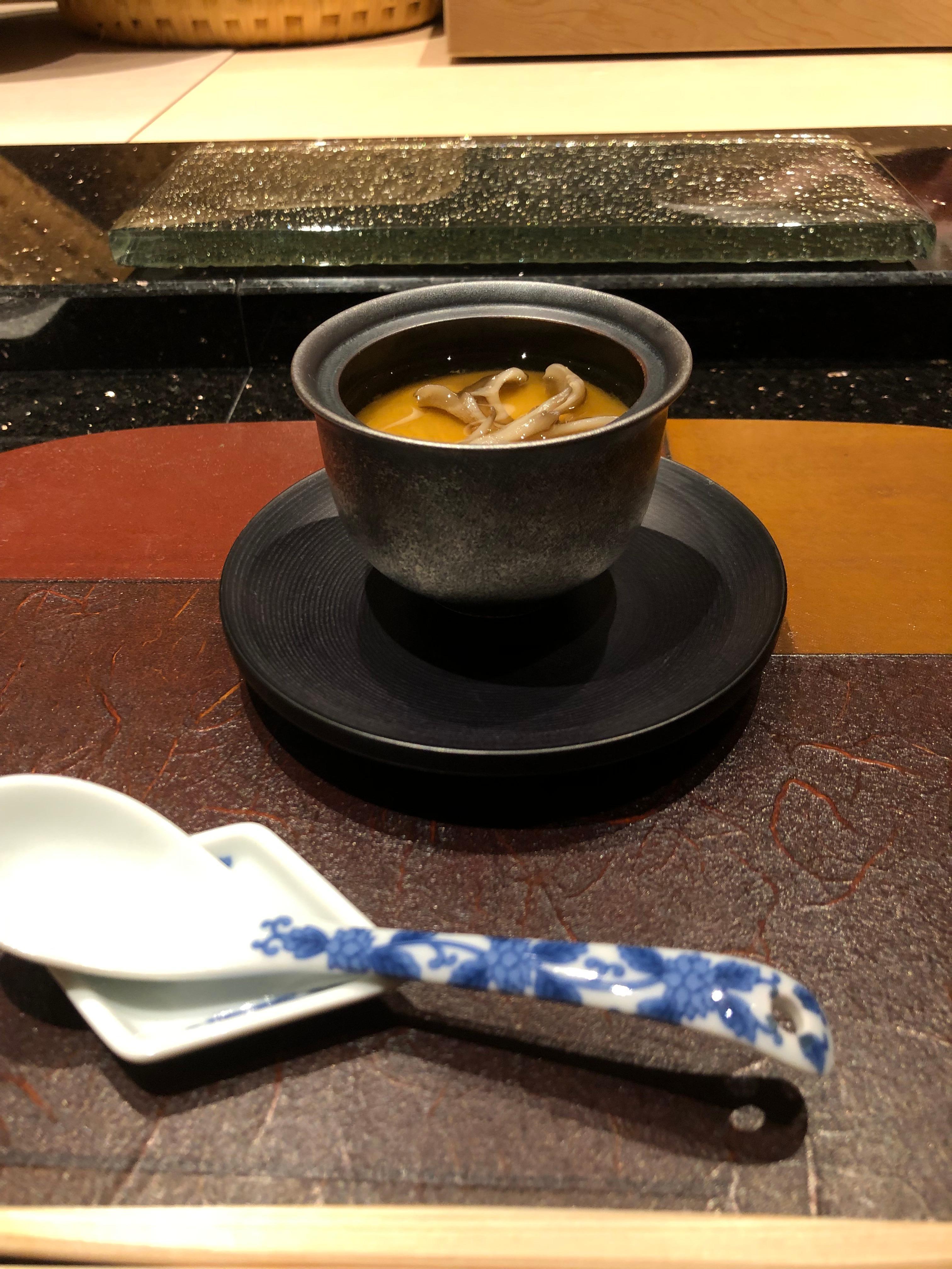 Chawan-mushi, one of non-sushi items. We also had marinated shrimp and baked oysters.